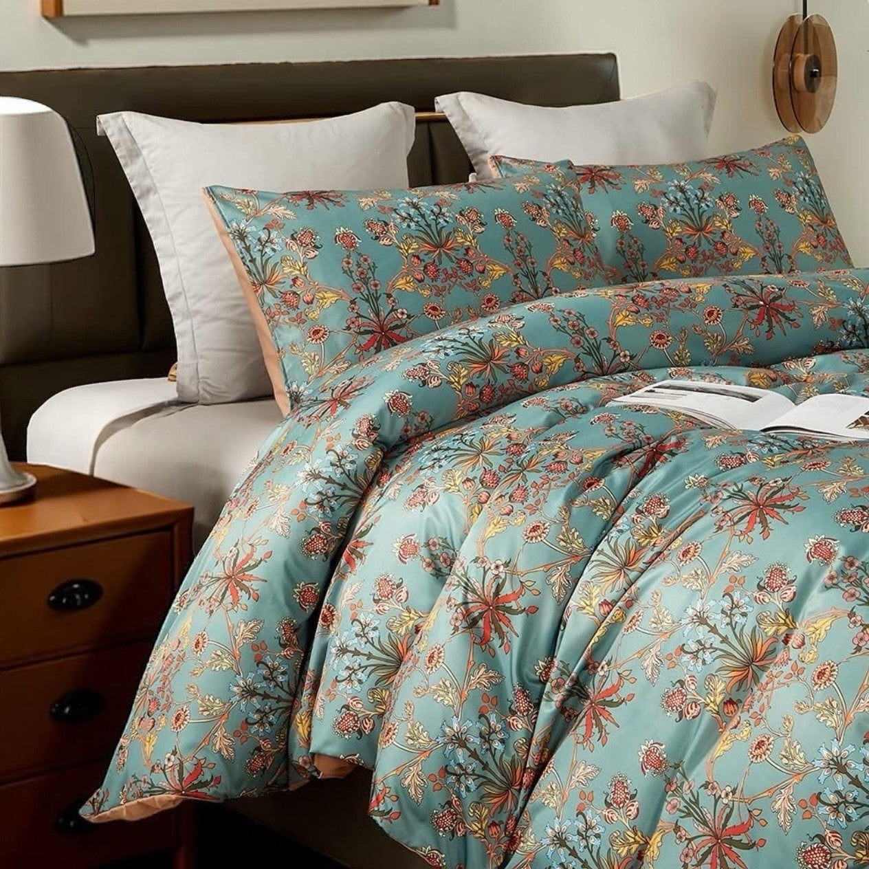 NEW Anthro Blue Orange Boho Floral Queen / King Bedding Duvet & Sham Case Set