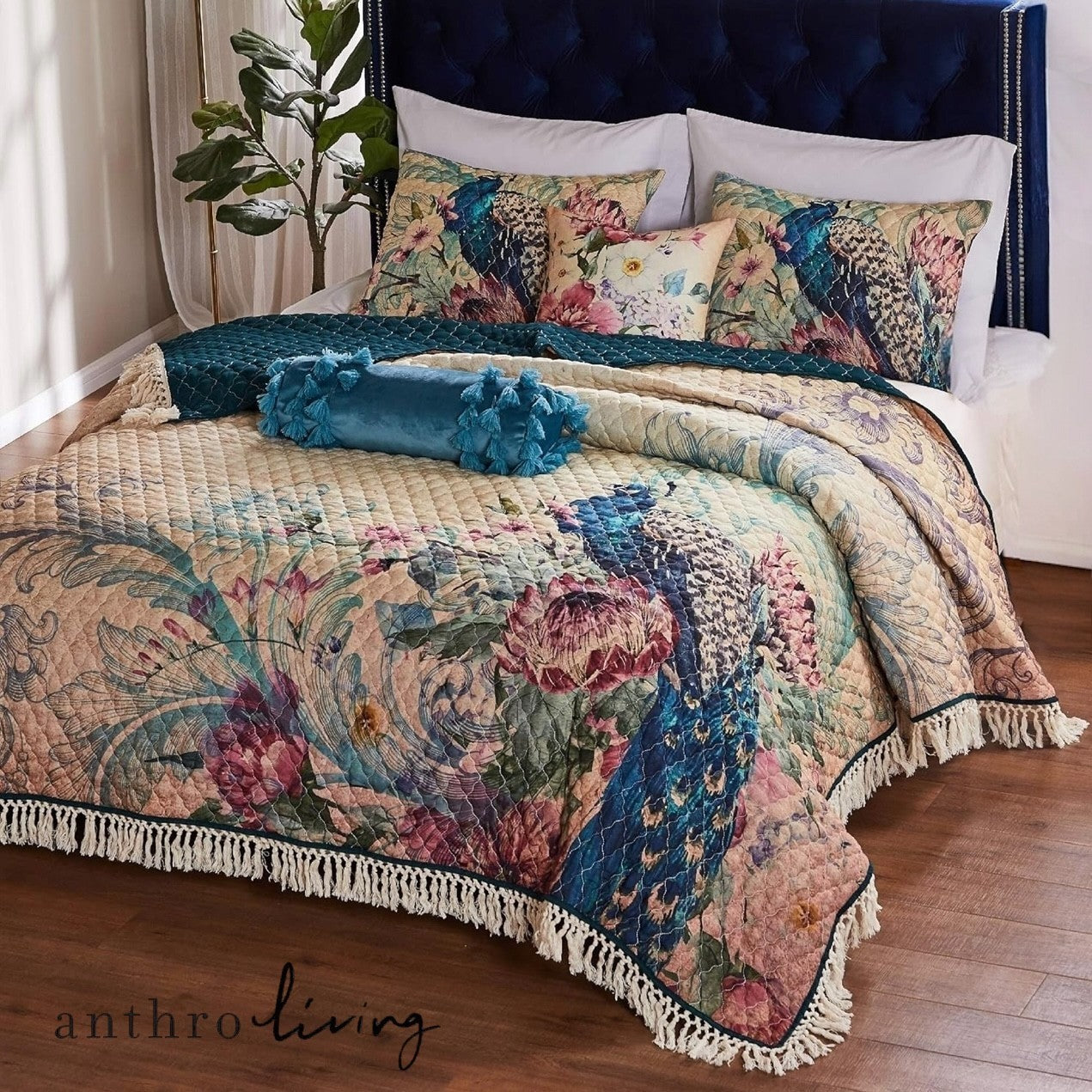 NEW Anthropologie Peacock Tassel Fringe Boho Quilt Bedspread Bedding & Sham Set