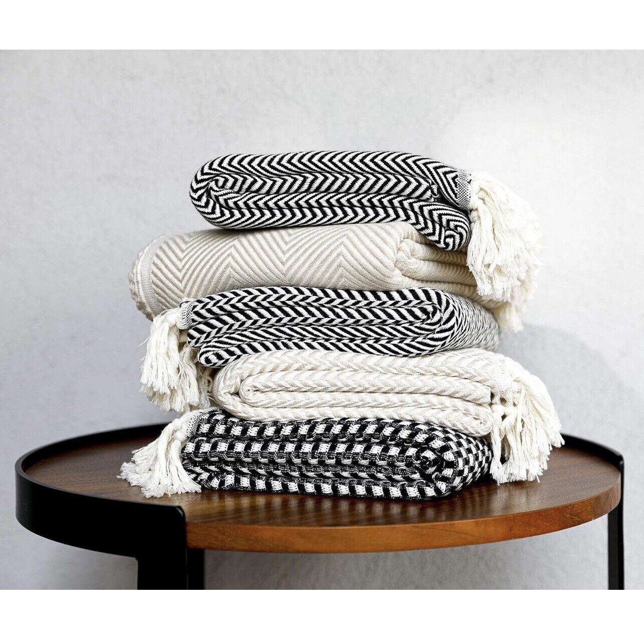 NEW West Elm Boho Beige White Turkish Cotton Tassel Throw Blanket - 60" x 50"