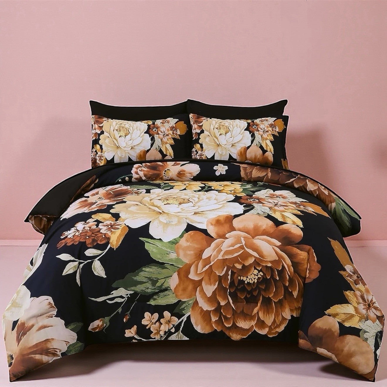 NEW Anthro 7 Piece Black Floral Boho Queen / King Bedding Comforter & Sham Set