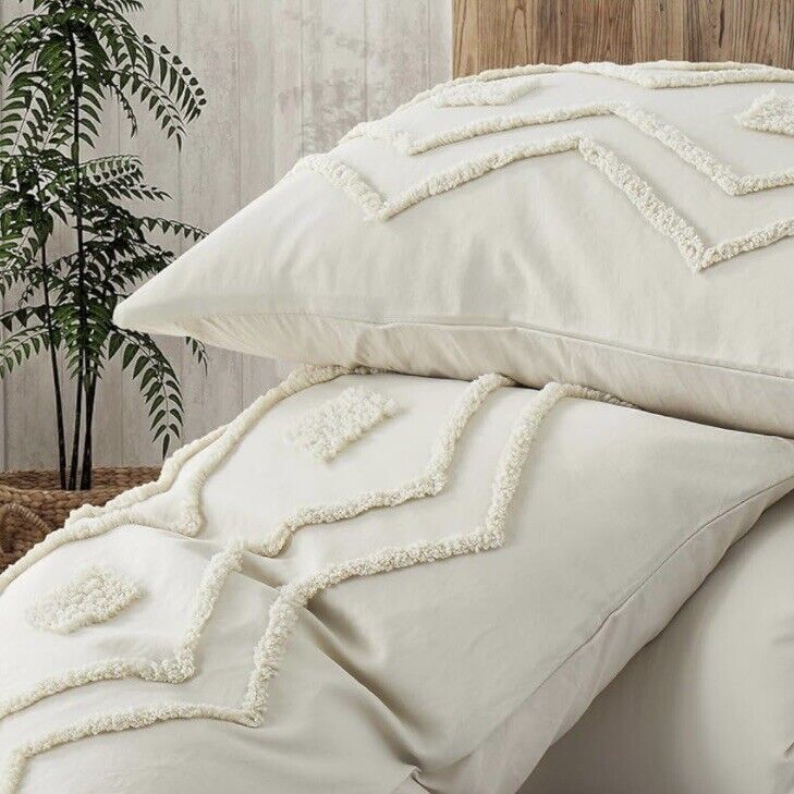 NEW Anthropologie Cream Boho Queen Size Tassel Comforter Bedding Sham Case Set