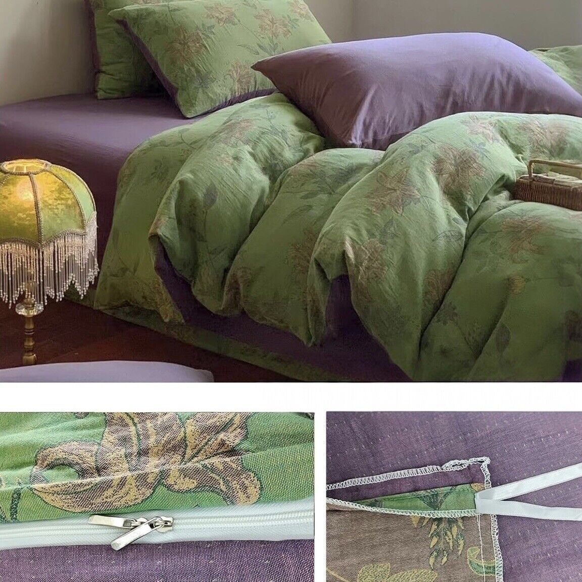 NEW Anthropologie Green Purple Floral Linen Boho Queen Bedding Duvet & Sham Set