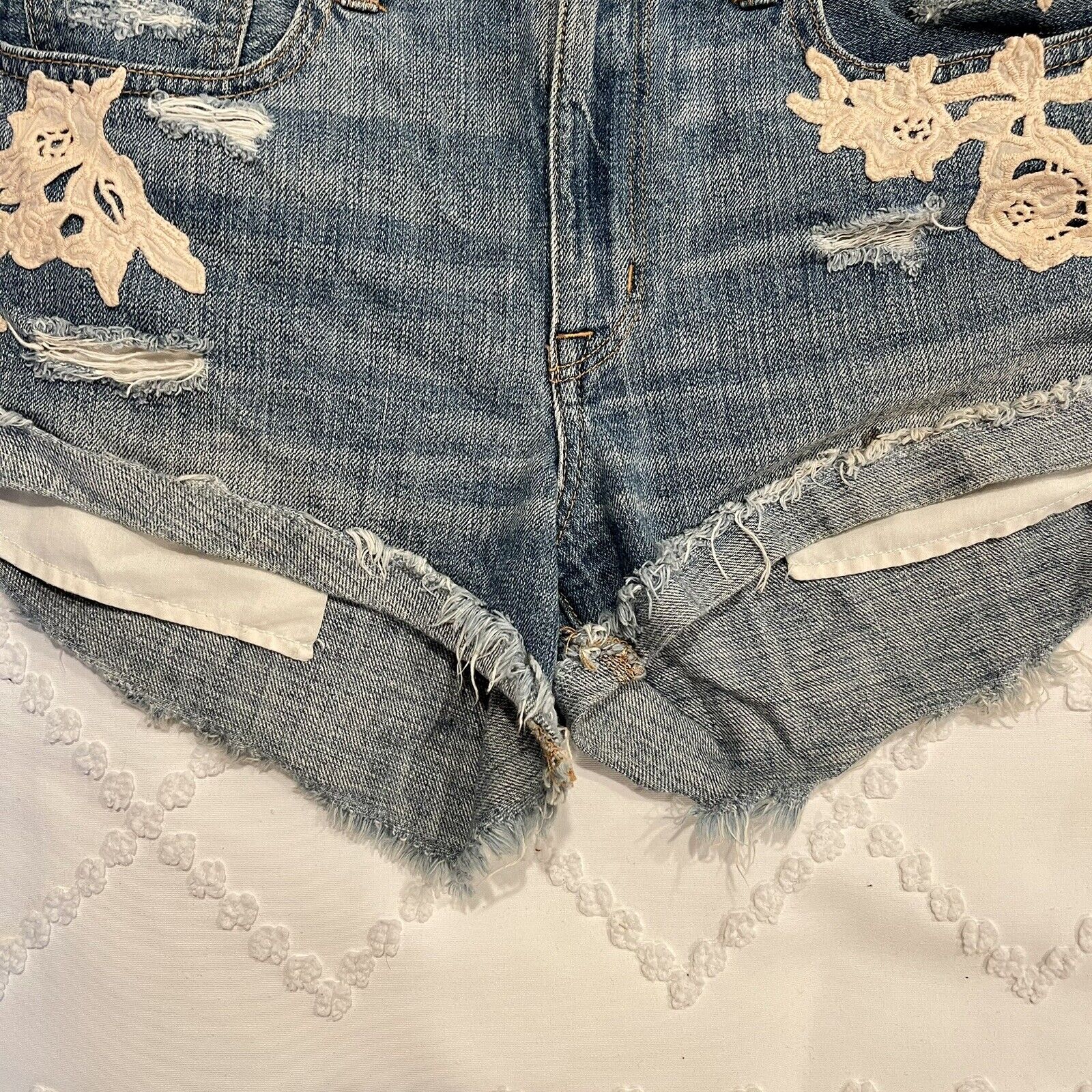 American Eagle Embroidered Floral Patch Distressed Low Rise Denim Shorts - 8