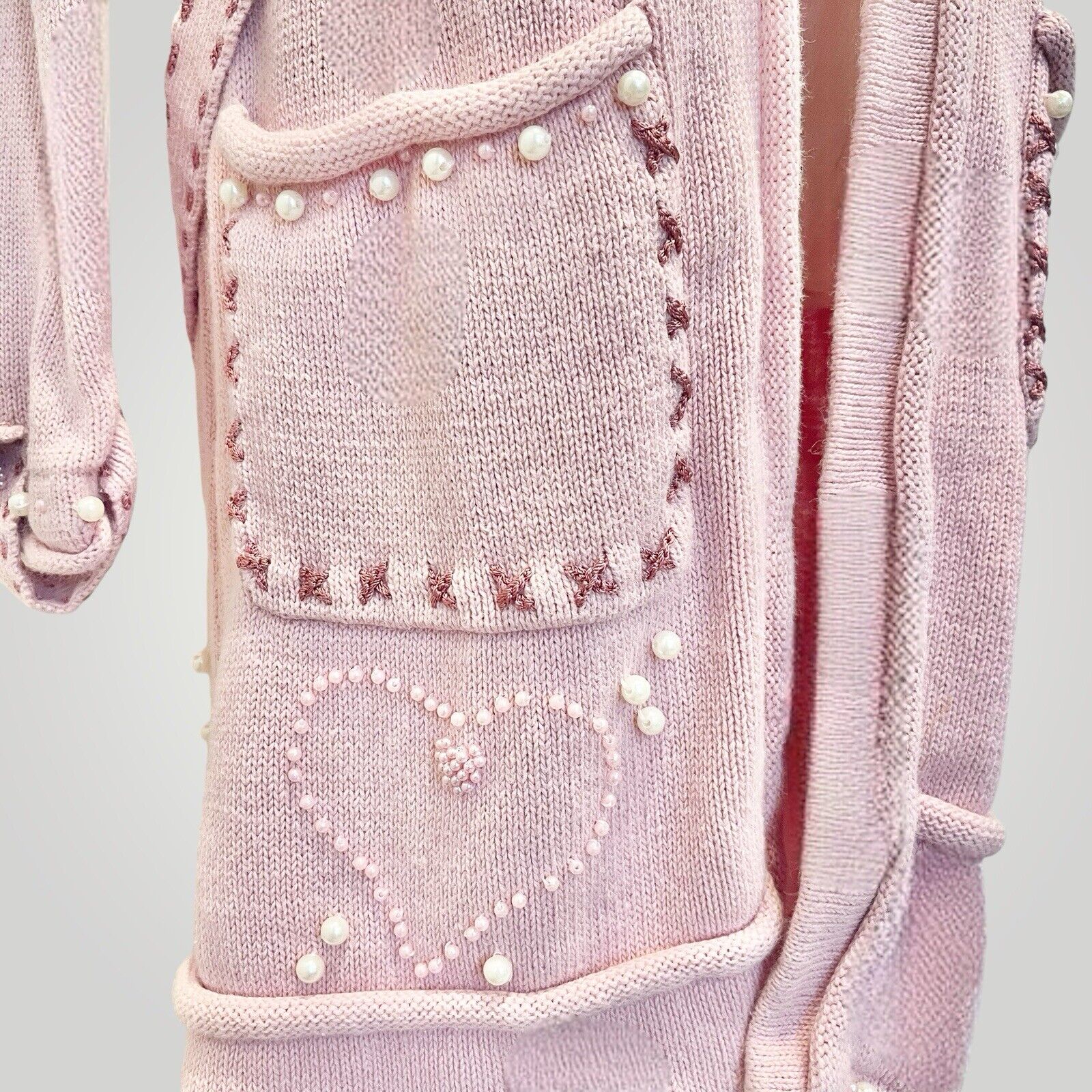 Vintage Storybook Knits Pink Heart Embroidered Pearl Sweater Duster - Medium