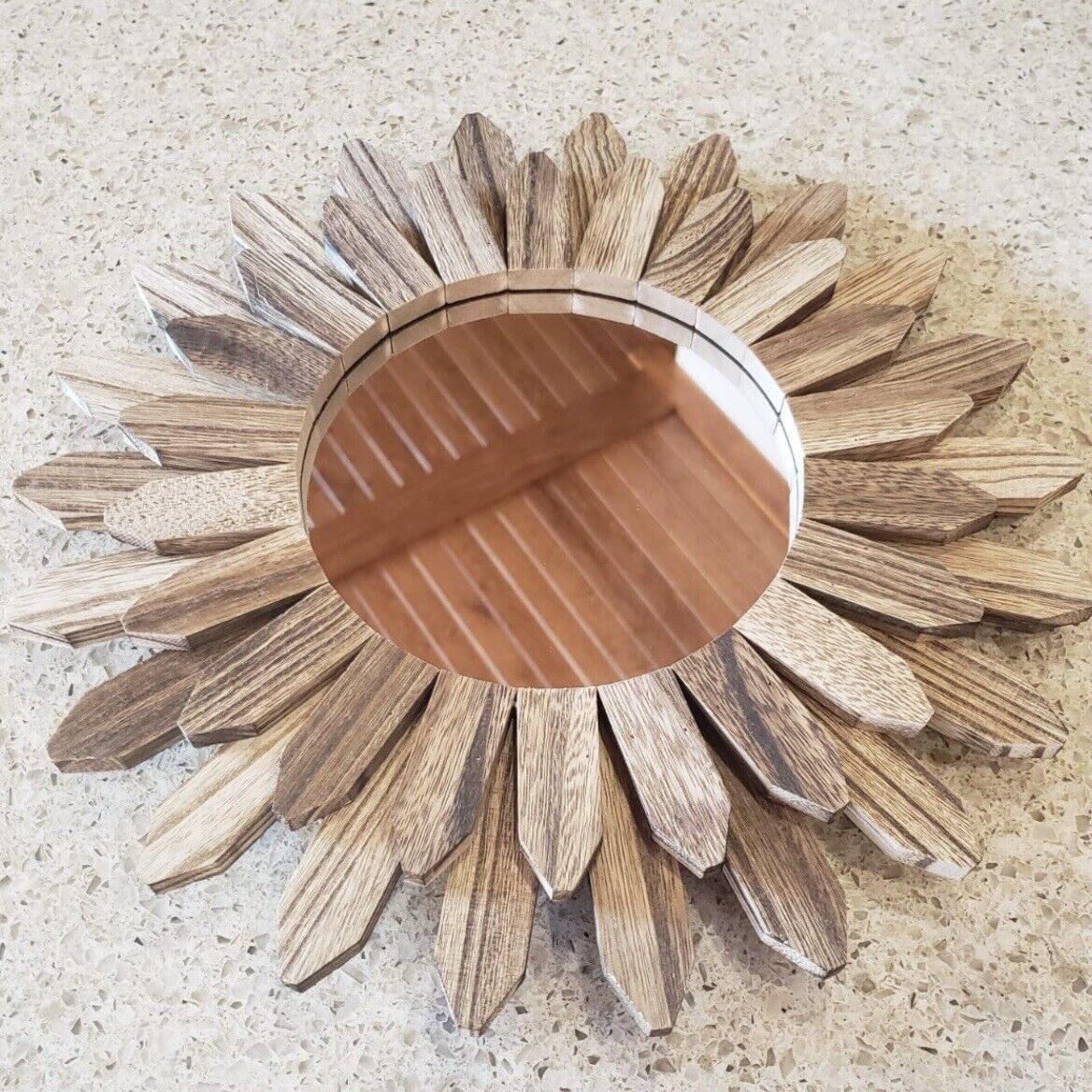 NEW Anthropologie Round Mirror Sunburst Wood Boho Wall Hanging Decor - 12” Diam