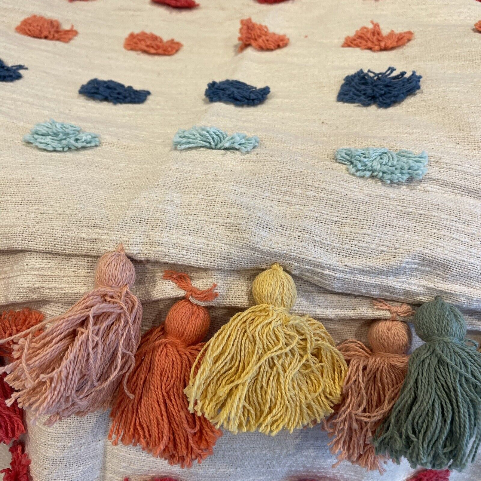 New Anthropologie Boho Tassel Pom Pom Colorful Throw Blanket Bedding - 50" x 60"