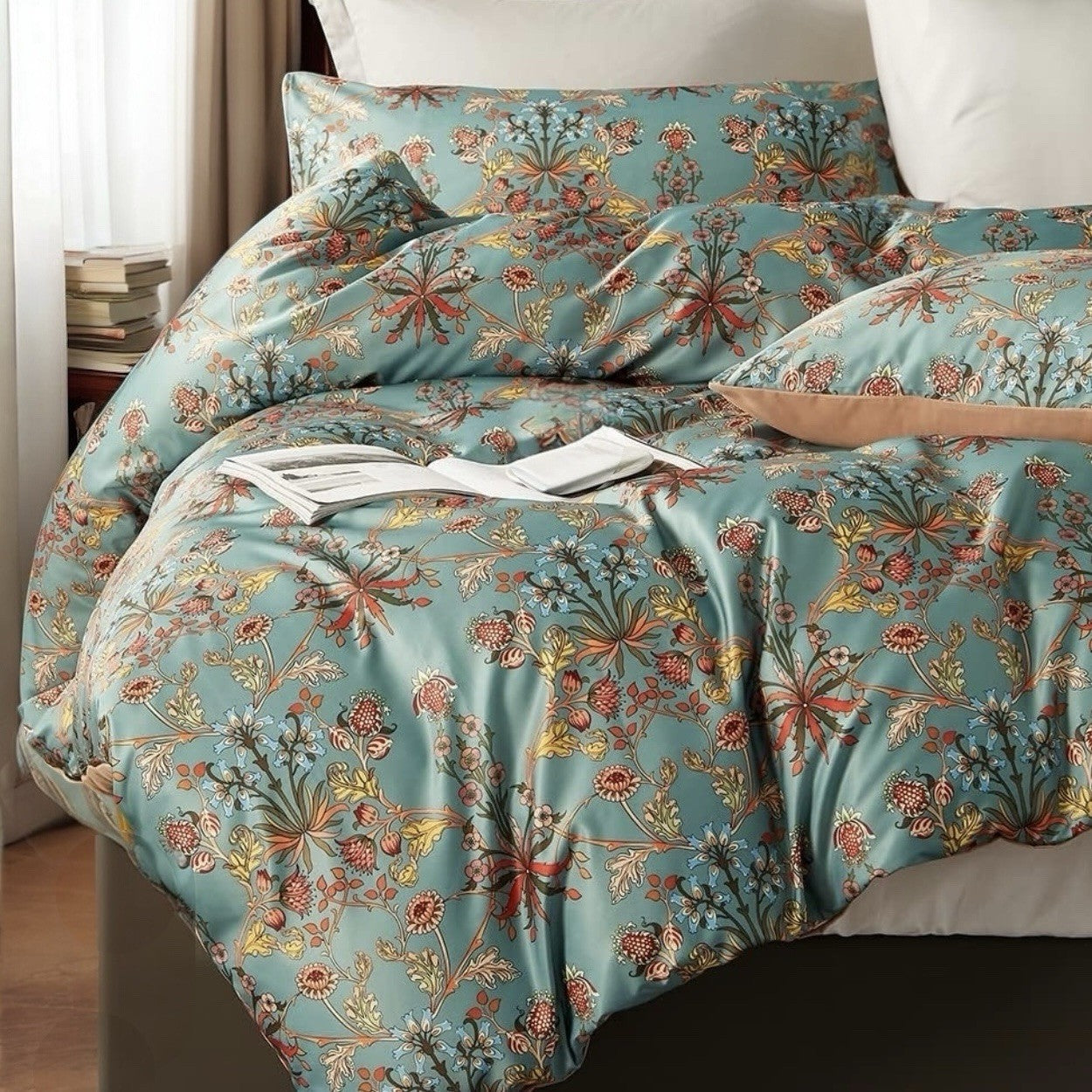 NEW Anthro Blue Orange Boho Floral Queen / King Bedding Duvet & Sham Case Set