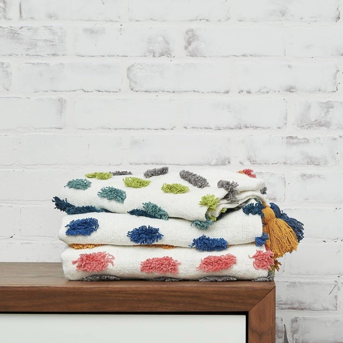 NEW Anthropologie Boho Tassel Pom Pom Colorful Throw Blanket Bedding - 50" x 60"