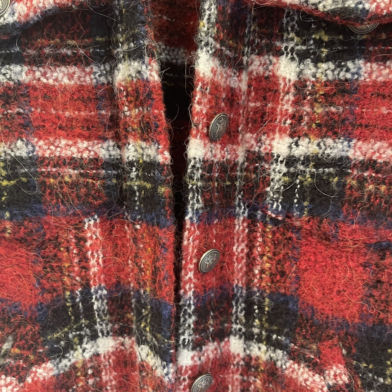 Anthro / The Kooples Red Tweed Plaid Shirt Coat Trucker Jacket Sweater Large