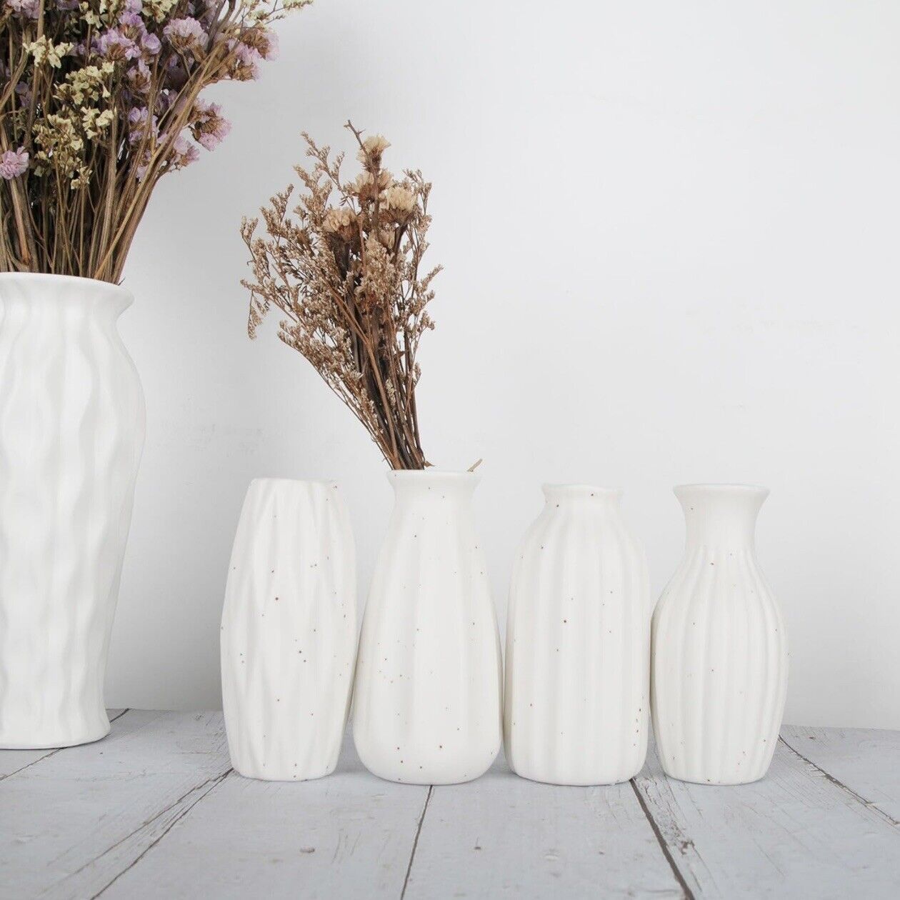 NEW West Elm (Set of 4) White Ceramic Stoneware Boho Flower Vases Home Decor