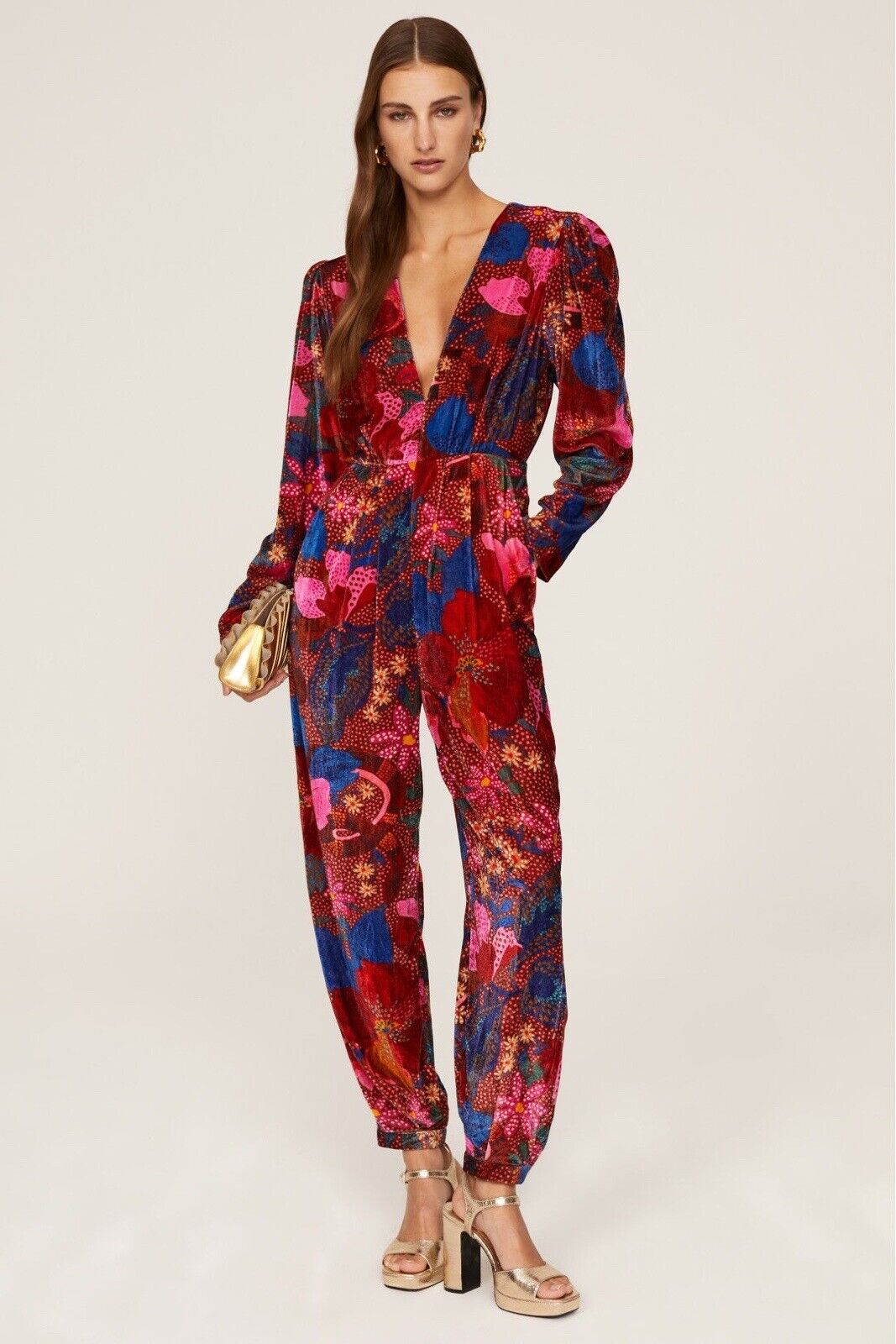 FARM Rio Velvet Red Floral Print Snake Garden Boho Jumpsuit - Size Large