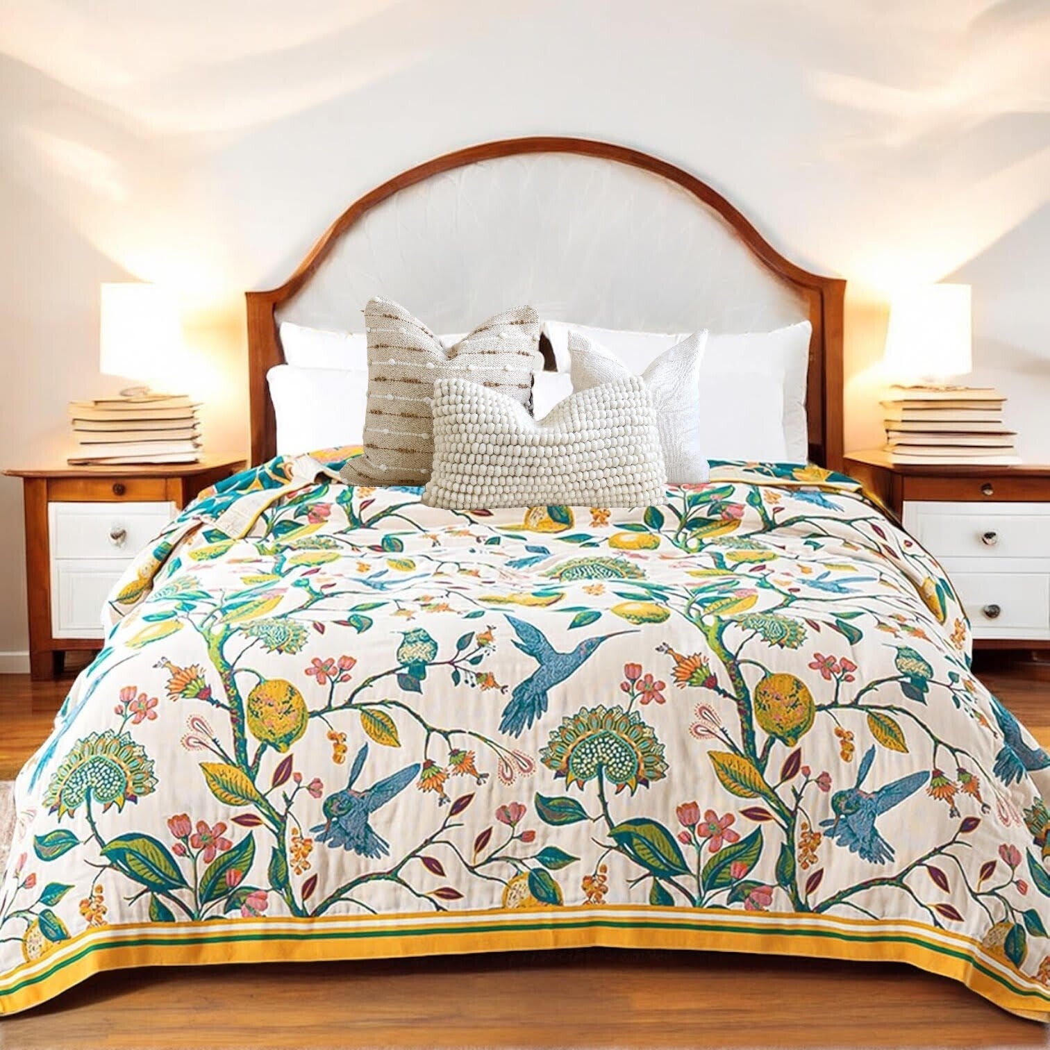 NEW Anthro XL Boho Bird Orange Blue Throw Blanket Bedspread Quilt 80" x 90"