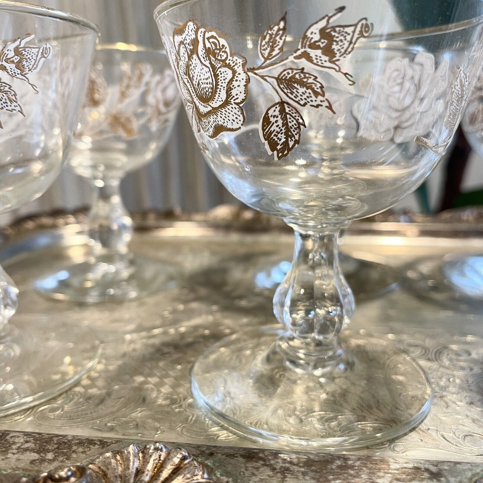 Vintage Libbey Crystal & Gold Rose Champagne 1960s Wine Glass Barware - Set of 8