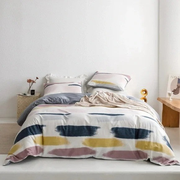 NEW Anthro White Abstract Colors Boho Cotton Queen King Bedding Duvet & Sham Set