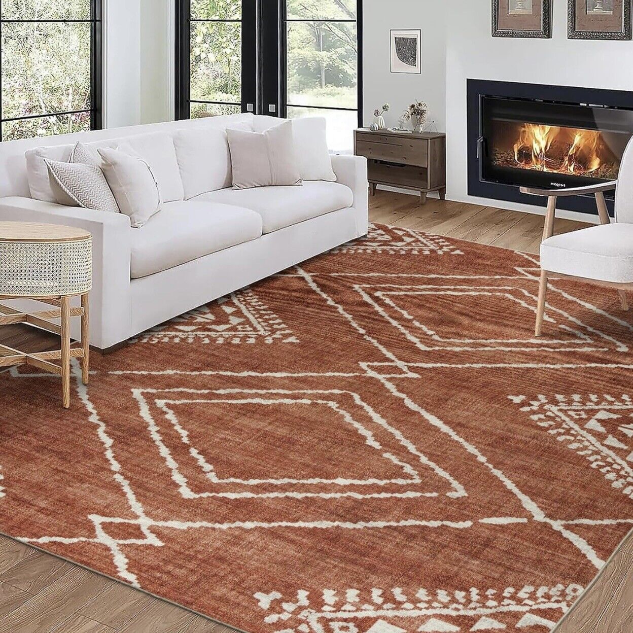 NEW West Elm Red Orange Boho Aztec Geometric Moroccan Area Rug Carpet - 4' x 6'