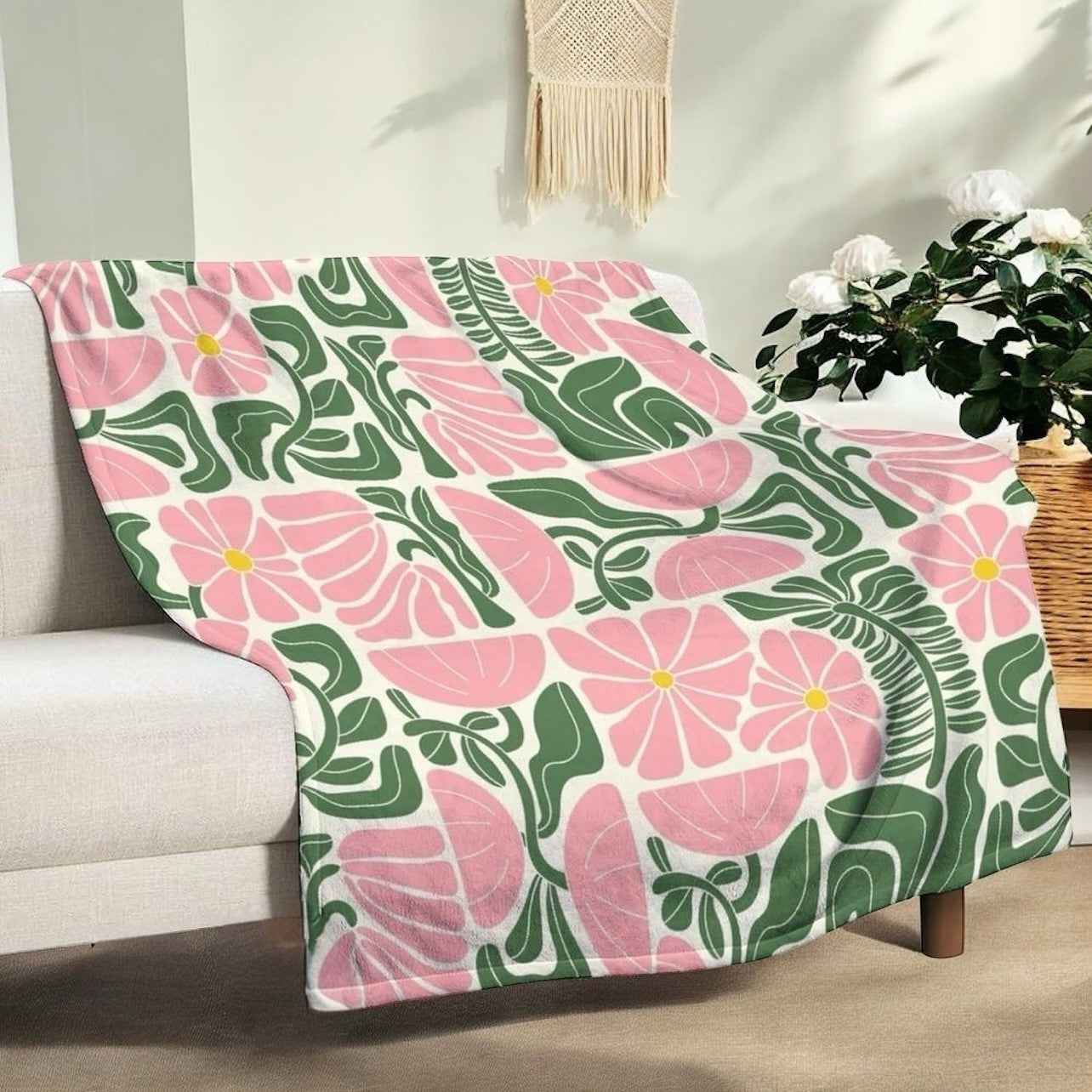 NEW Anthropologie Retro Floral Fleece Throw Blanket Bedspread Bedding 60" x 80"