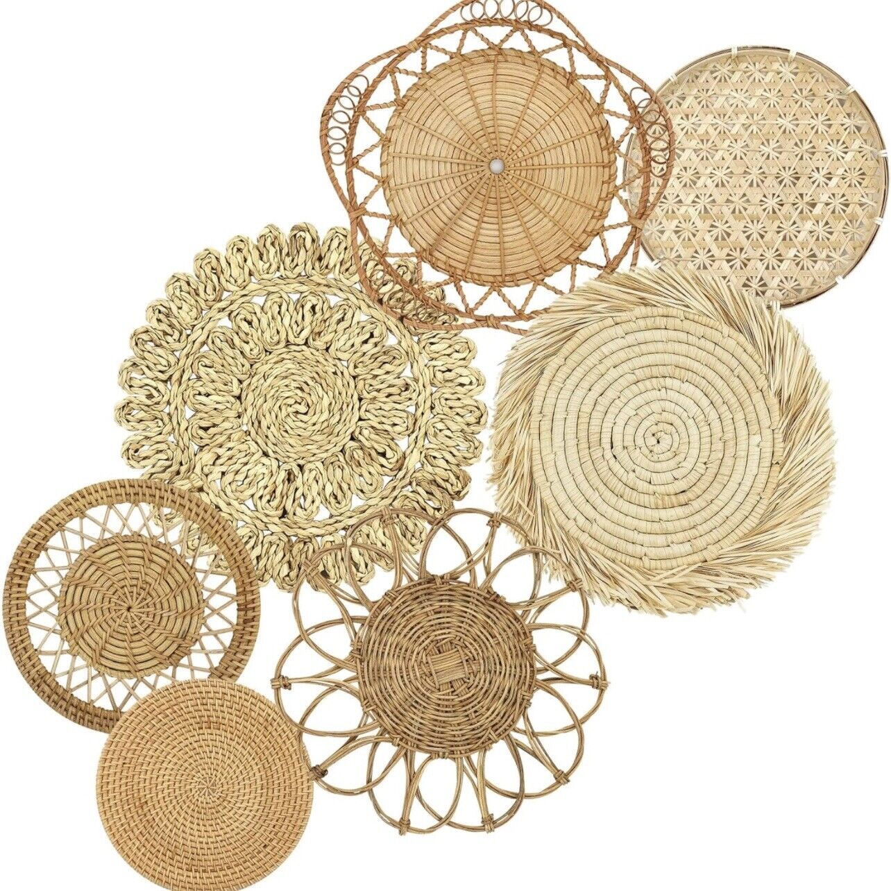 NEW West Elm XL Woven Wicker Rattan Seagrass Boho Wall Hanging Baskets - Set / 7