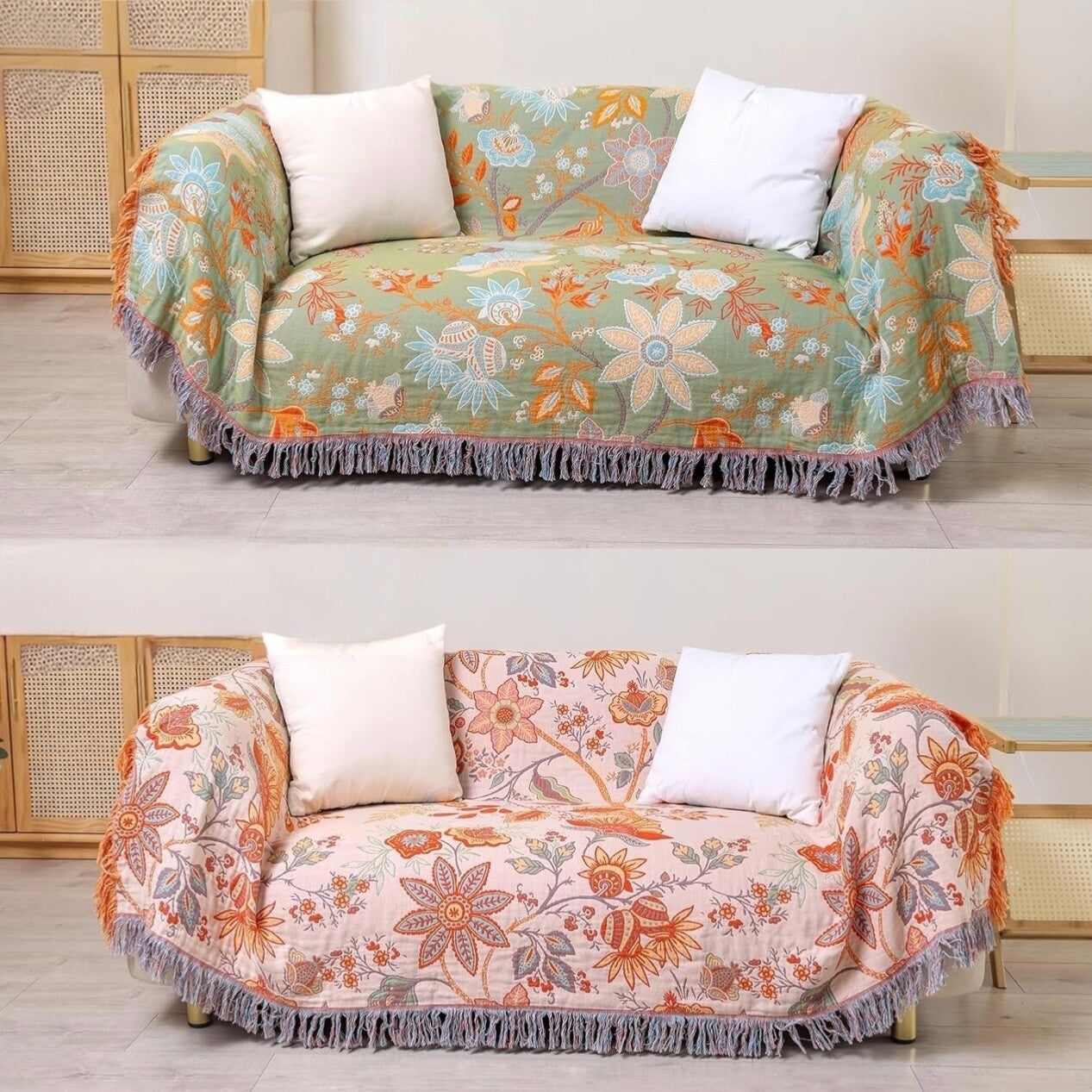 NEW Anthro XL Reversible Green Tassel Throw Blanket Bedspread Quilt - 80" x 90"