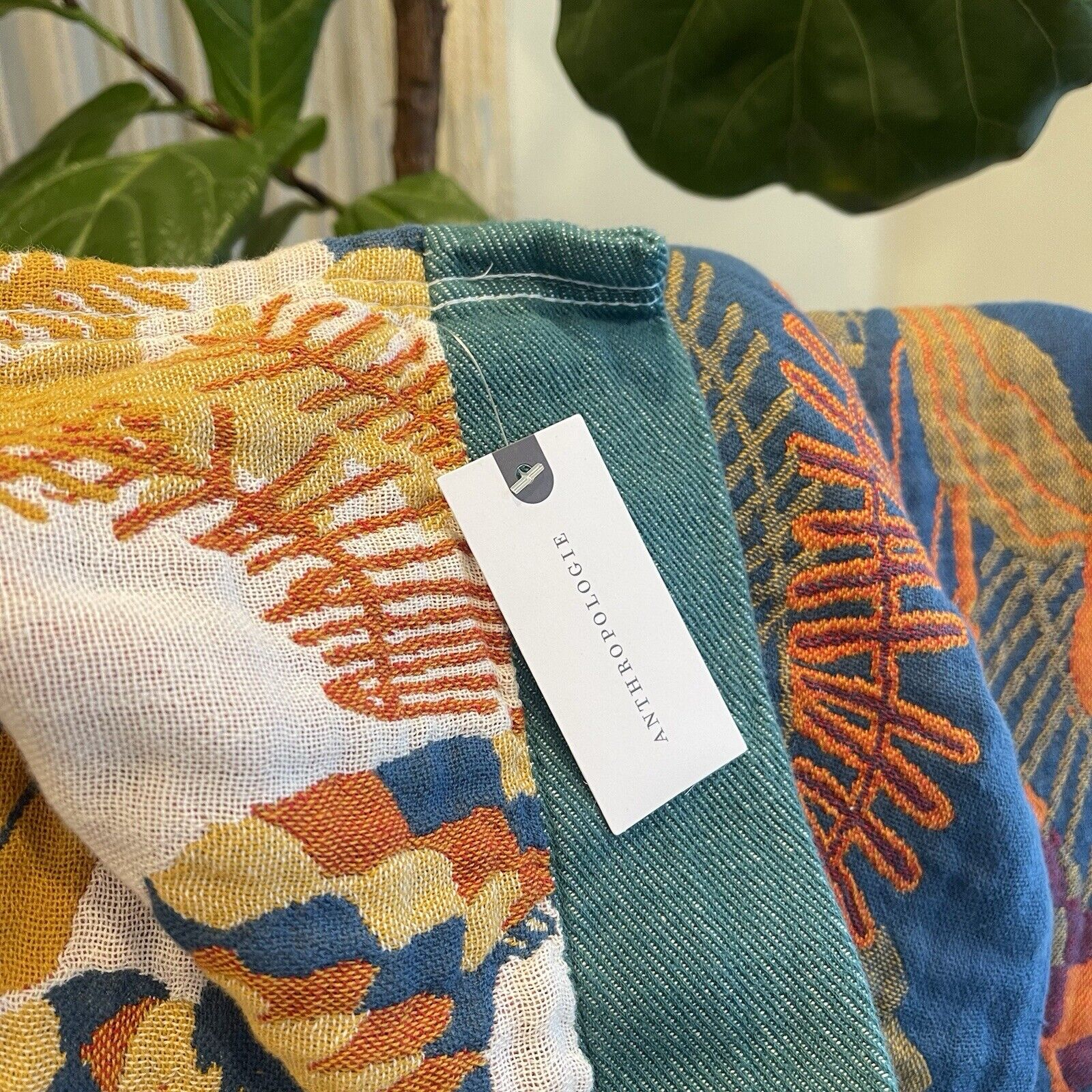 NEW Anthropologie Boho Bird Orange Blue Throw Blanket Bedspread Quilt 80" x 90"