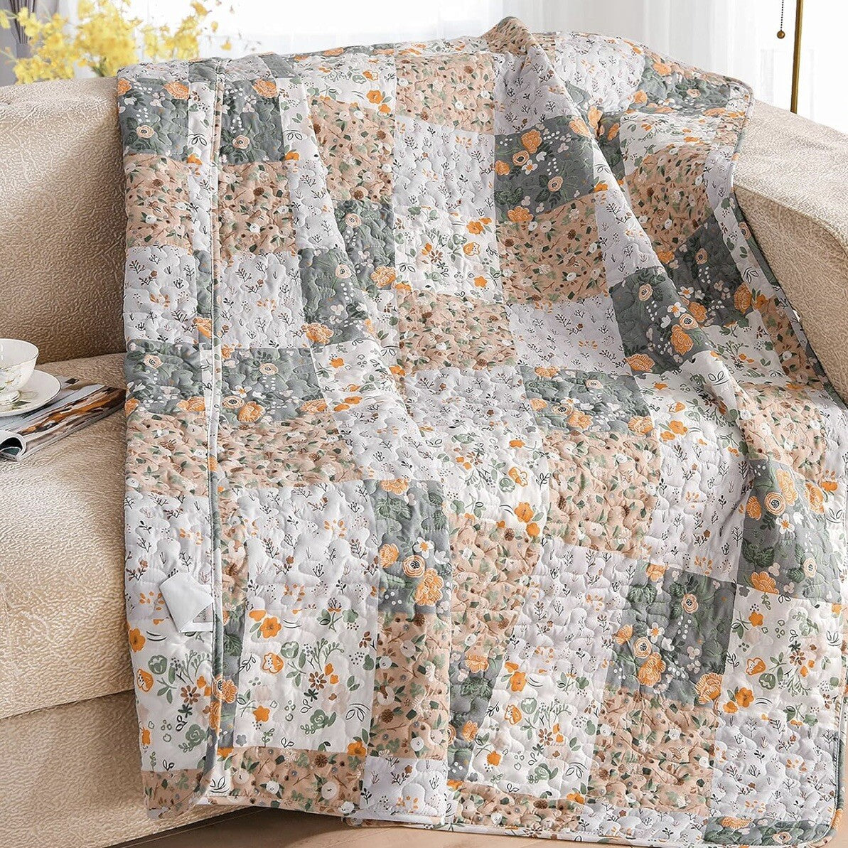 NEW Boho Multicolor Floral Pastel Knit Throw Blanket Patchwork Quilt 50" x 60"