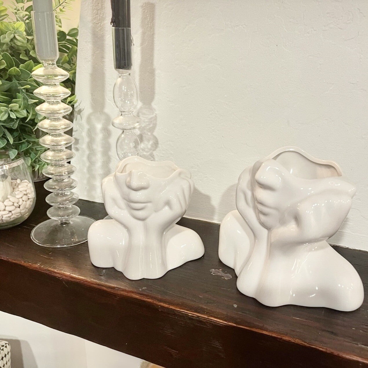 NEW Anthro Boho White Ceramic Female Face Abstract Flower Vase - Medium