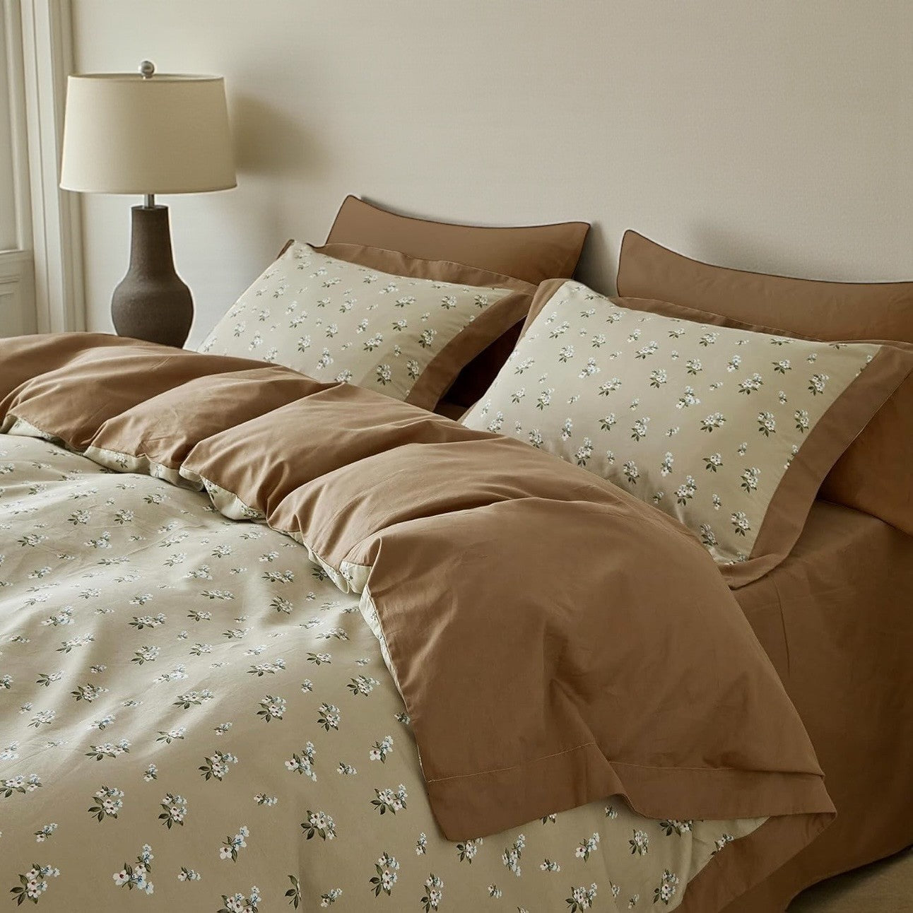 NEW Anthropologie Khaki Floral Vintage Queen King Cotton Bedding Duvet Sham Set