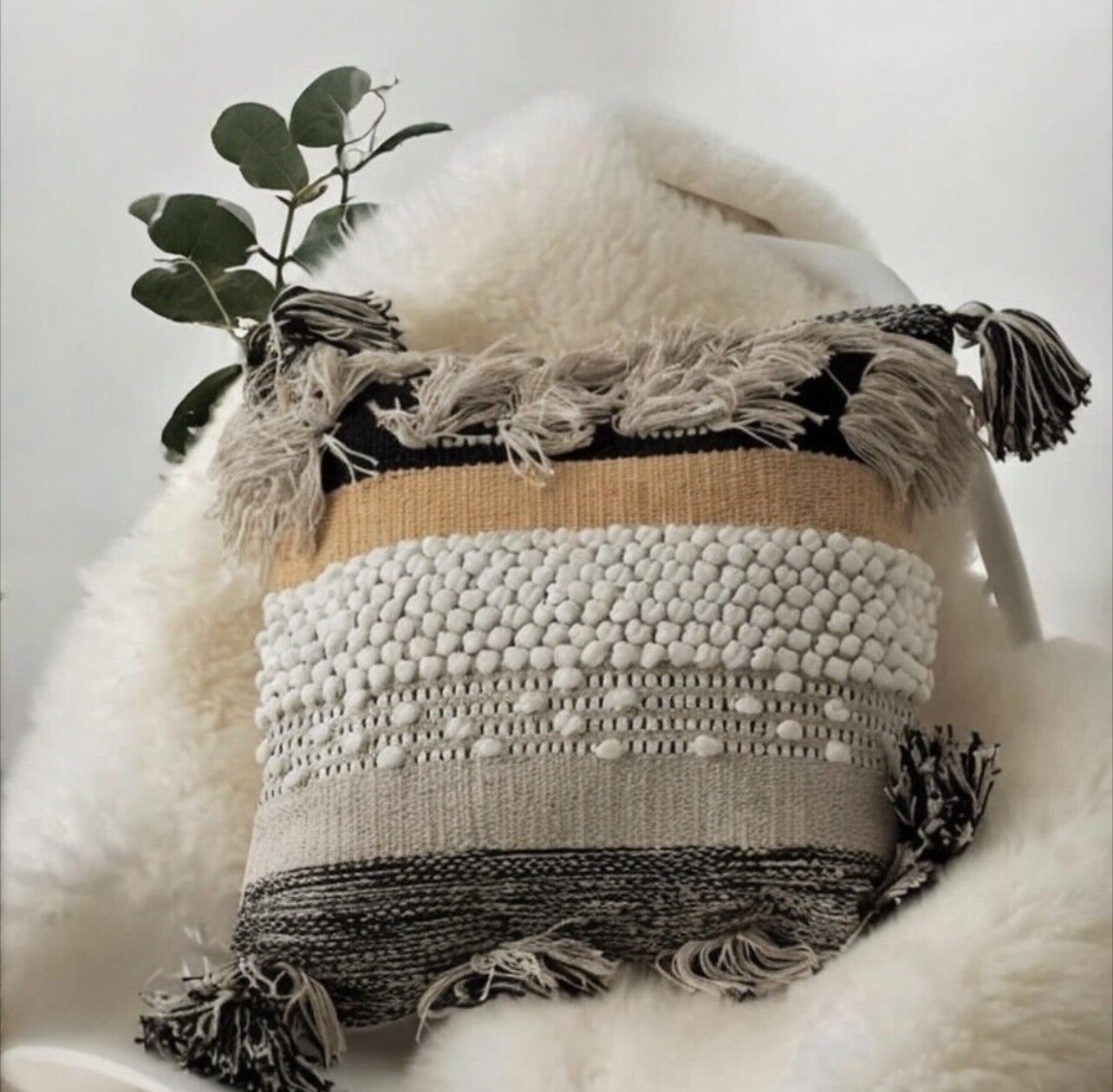 NEW West Elm Boho Pom Pom Tassel Throw Pillow Case Cover Sham - 18" x 18"