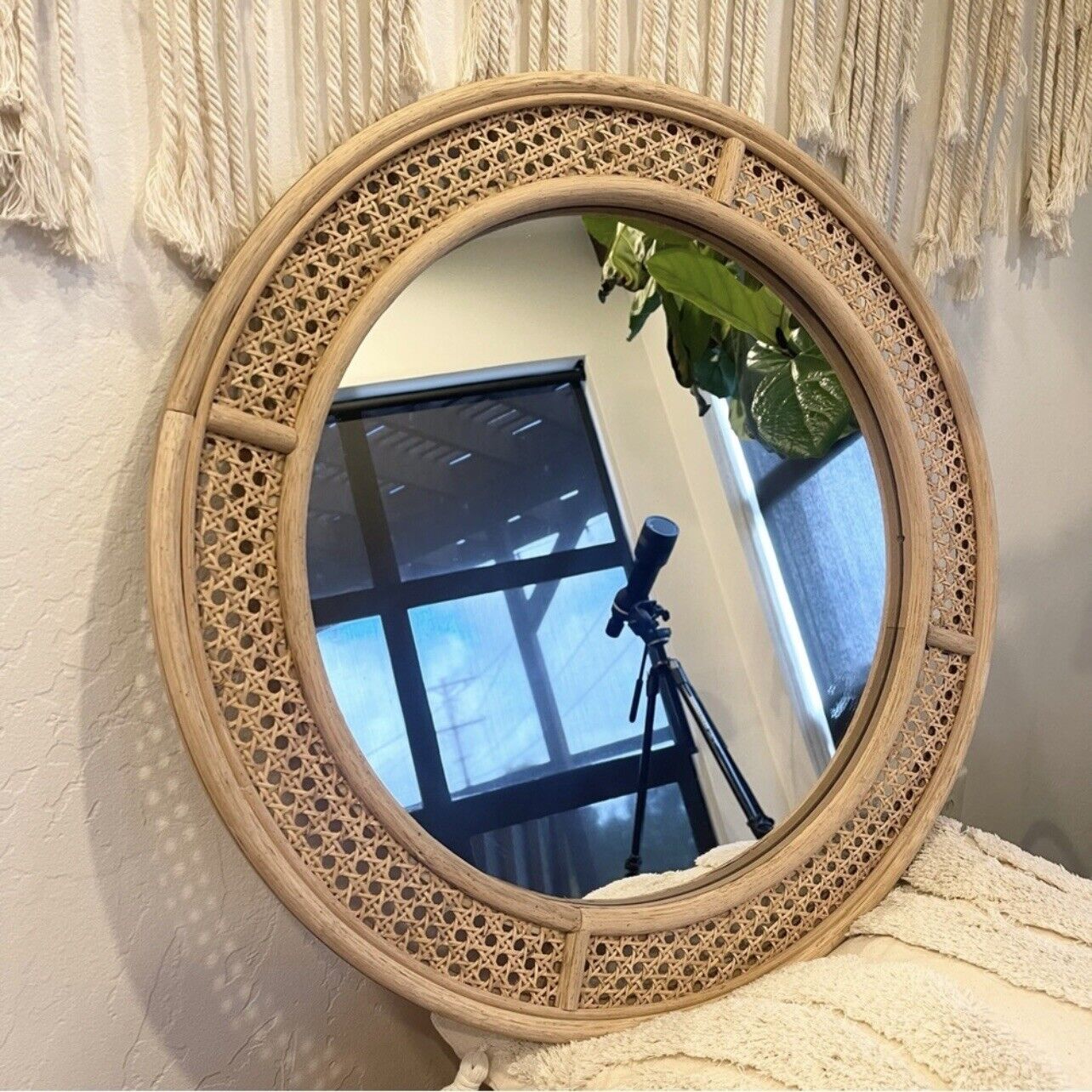 NEW West Elm Large Round Mirror Wicker Rattan Boho Wall Hanging Decor - 24” Diam