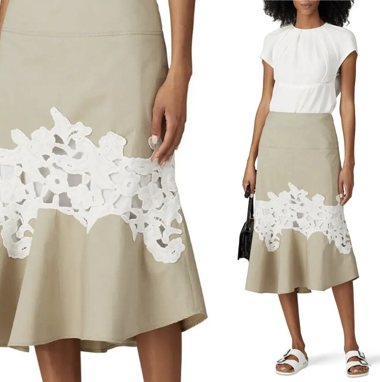 Derek Lam Khaki Floral Lace Applique Skirt - Size Medium / 8 | Retail $340