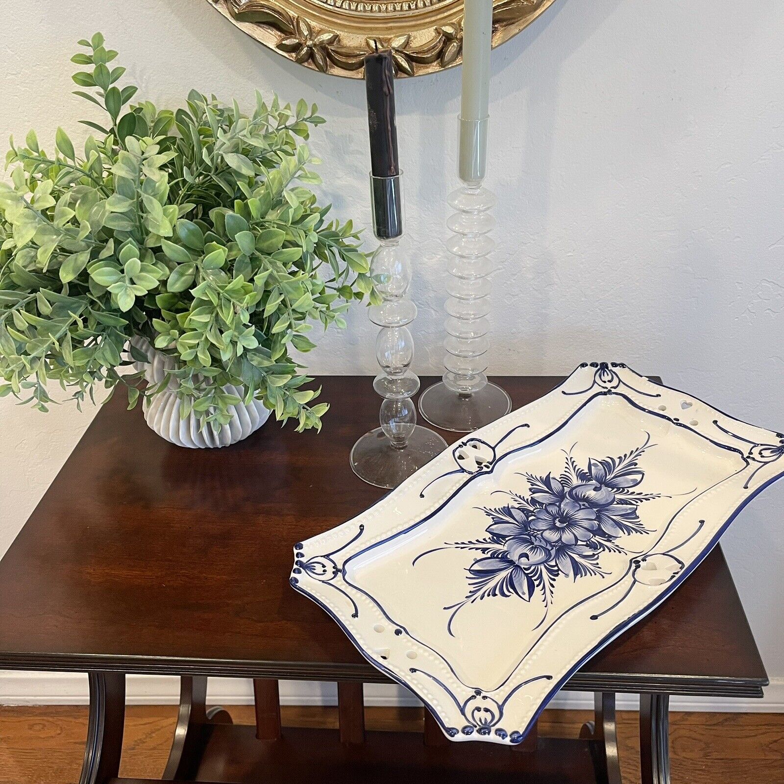 Vintage RCCL Blue & White  Portuguese Floral Painted Ceramic Serving Tray Dish