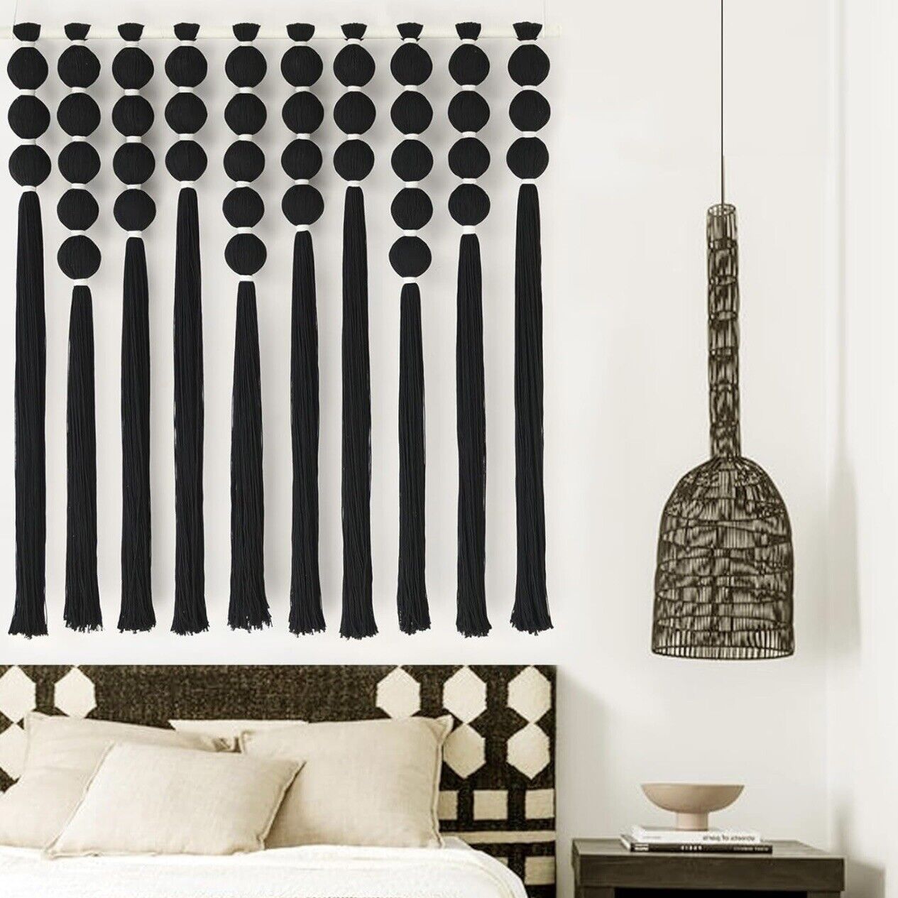 NEW Anthropologie XL Boho Black & White Tassel Tapestry Woven Wall Hanging - 40"