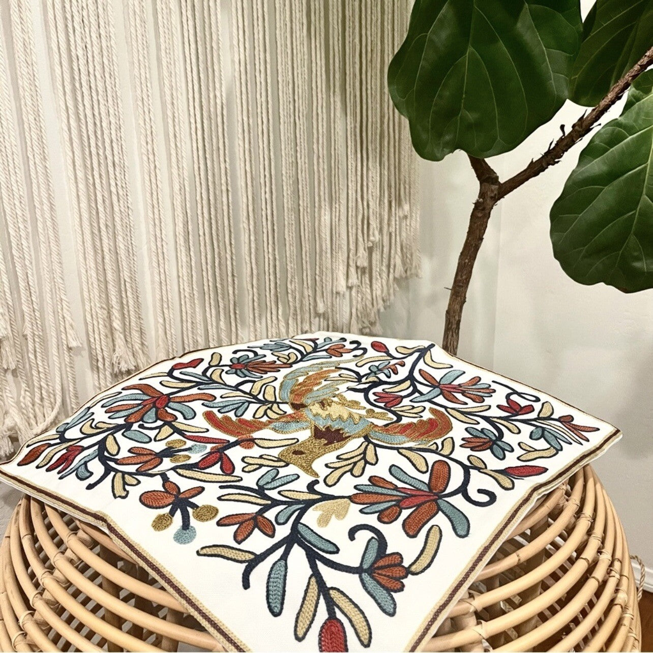 NEW Anthro Boho Floral Embroidered Throw Pillow Cover Case Sham 18" x 18"