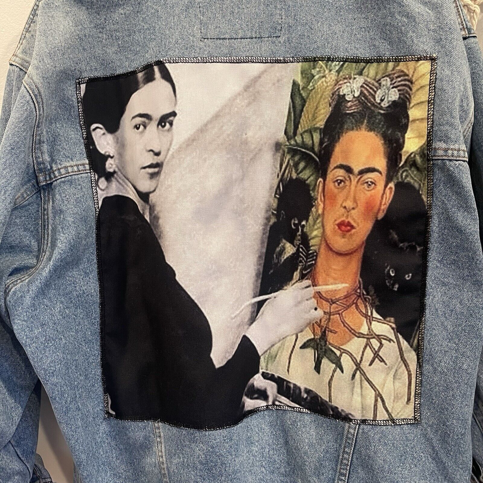 Vintage Mash Painted Frida Kahlo Italian Denim 90s Trucker Jacket - Size Large