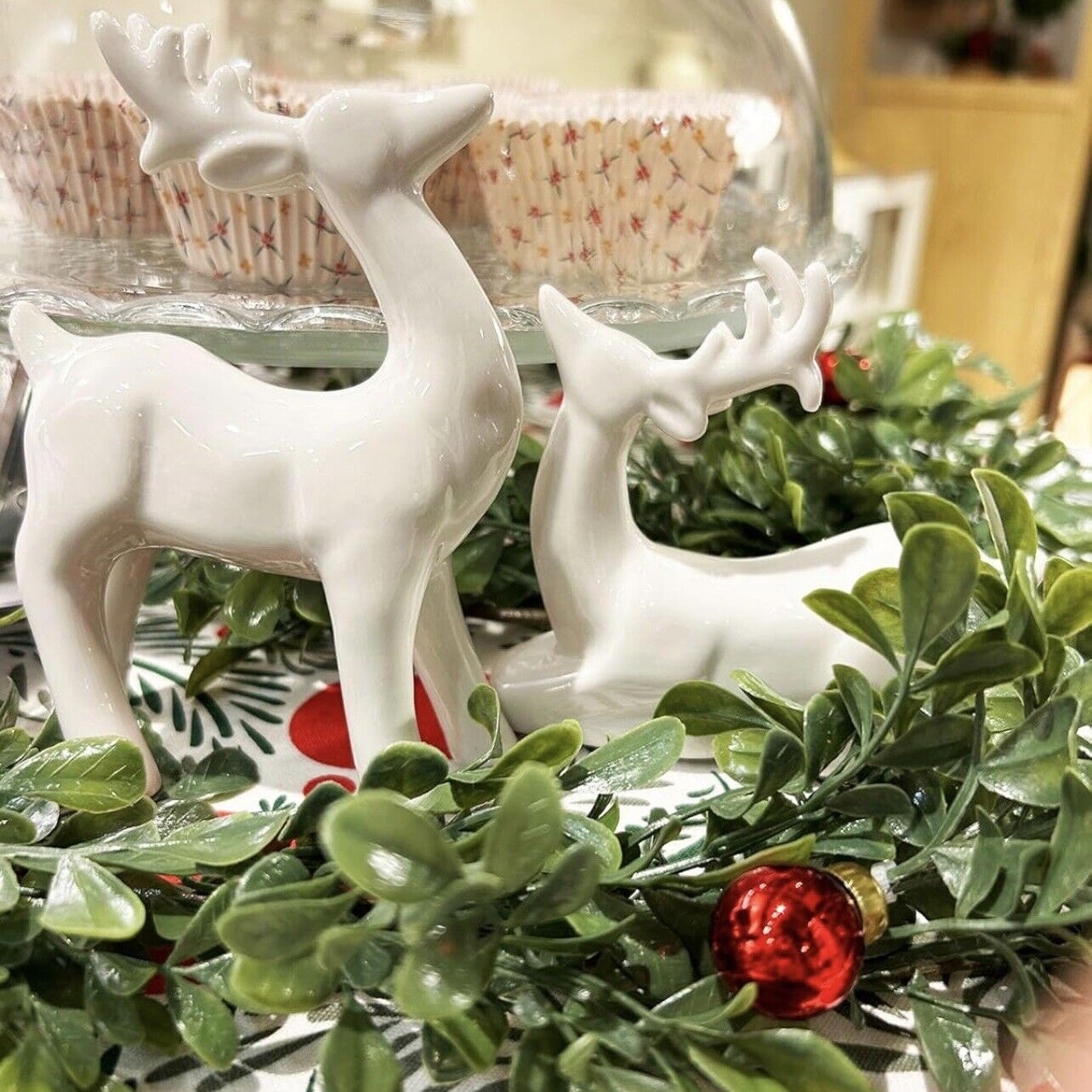 NEW Pottery Barn Modern White Ceramic Deer Holiday Christmas Figurines Set of 2