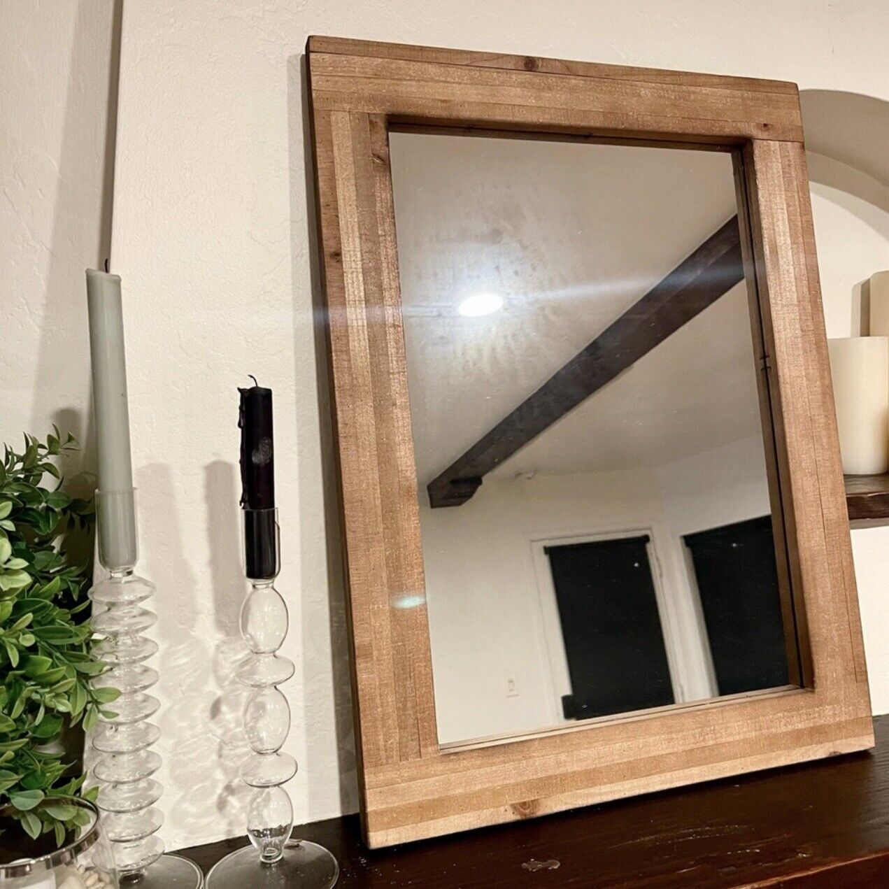 New Pottery Barn Large Boho Rustic Rectangular Wood Frame Wall Mirror 24" x 18”