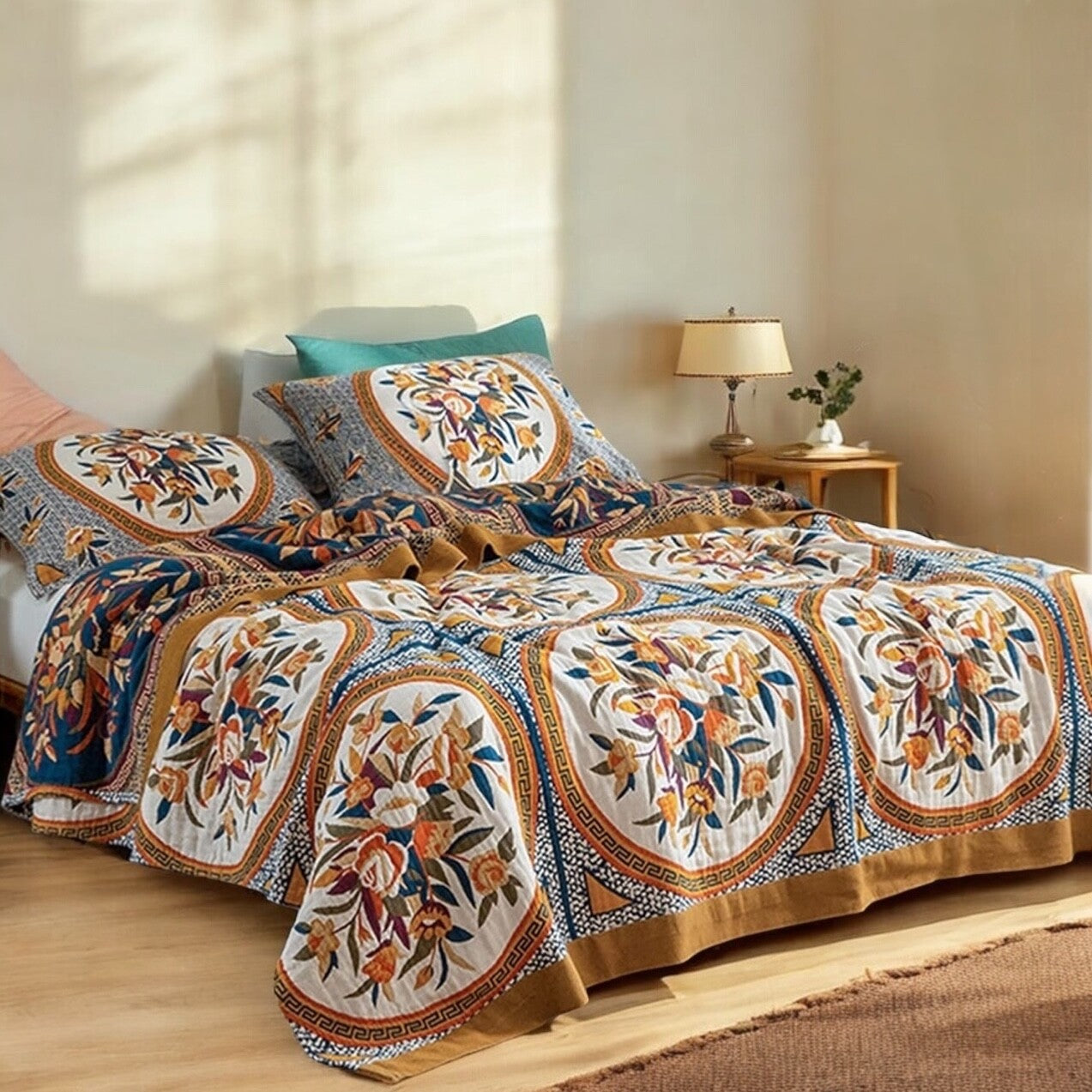 NEW Anthro XL Floral Boho Floral Bedding Blanket Bedspread Quilt - 80" x 90"