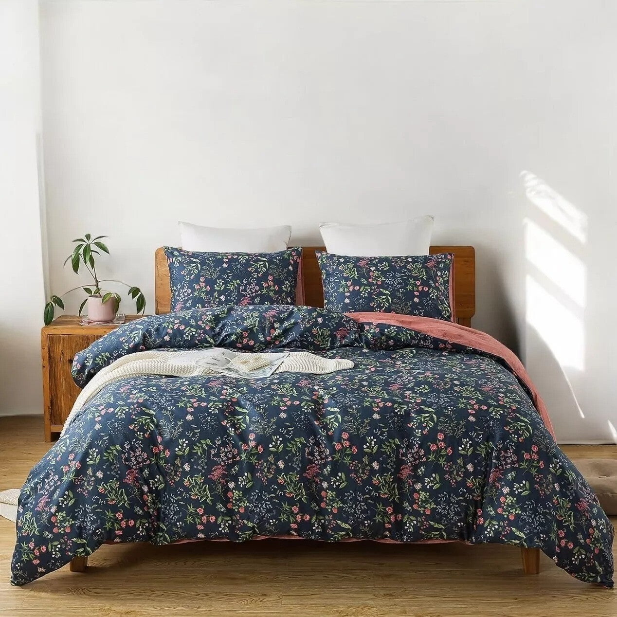NEW Anthro Blue Floral Cotton Boho Queen / King Size Bedding Duvet & Sham Set