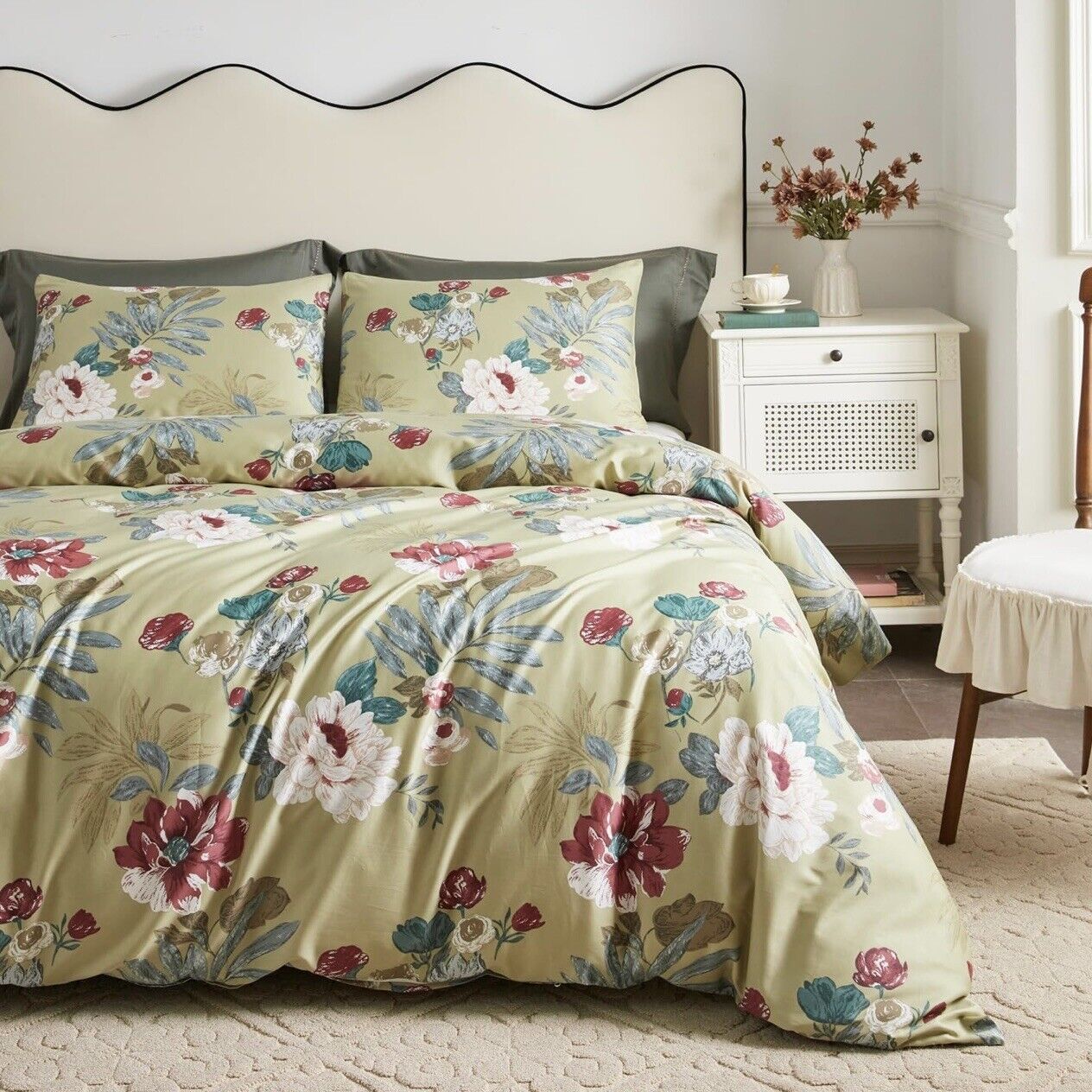 NEW Anthropologie Yellow Floral Egyptian Cotton Boho Queen Bedding Duvet Set