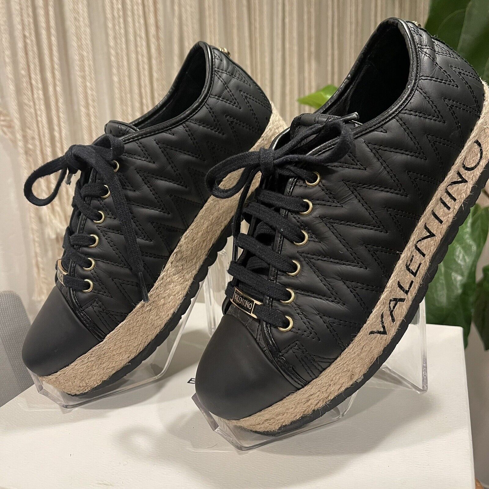 NEW Valentino Black Angel Leather Espadrille Platform Sneakers Shoes Size 9 / 40