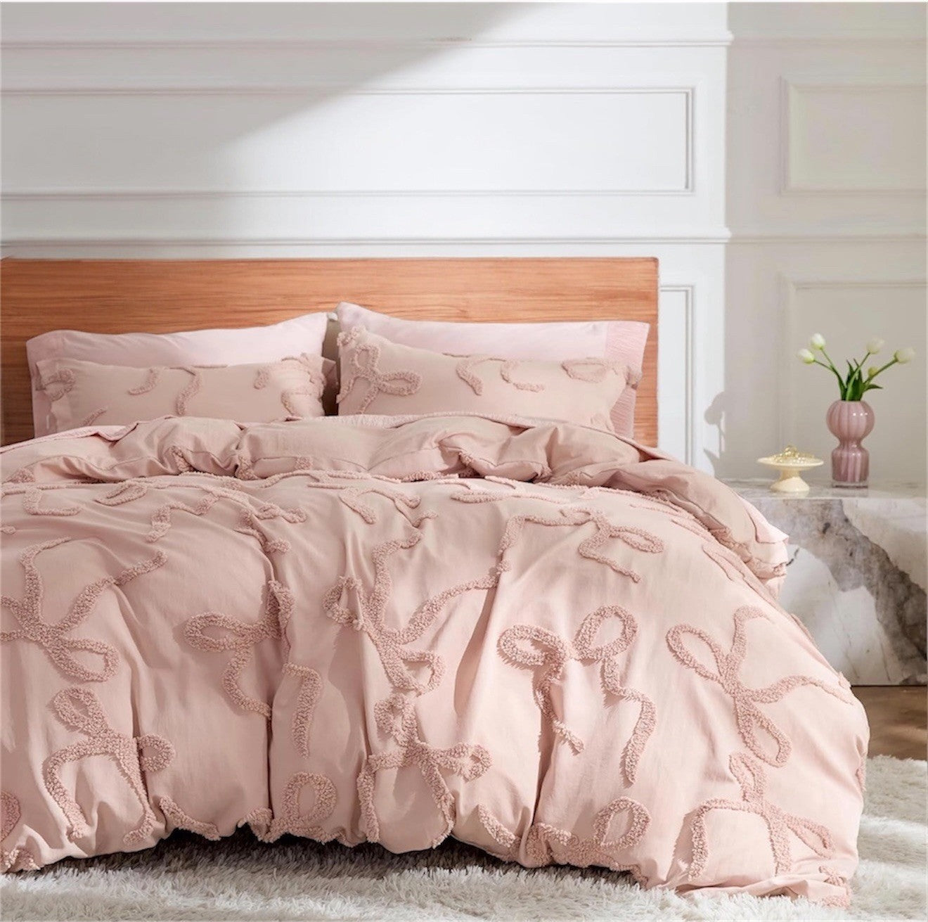 NEW Anthro Rose Pink Tufted Bow Boho Queen / King Size Bedding Duvet & Sham Set