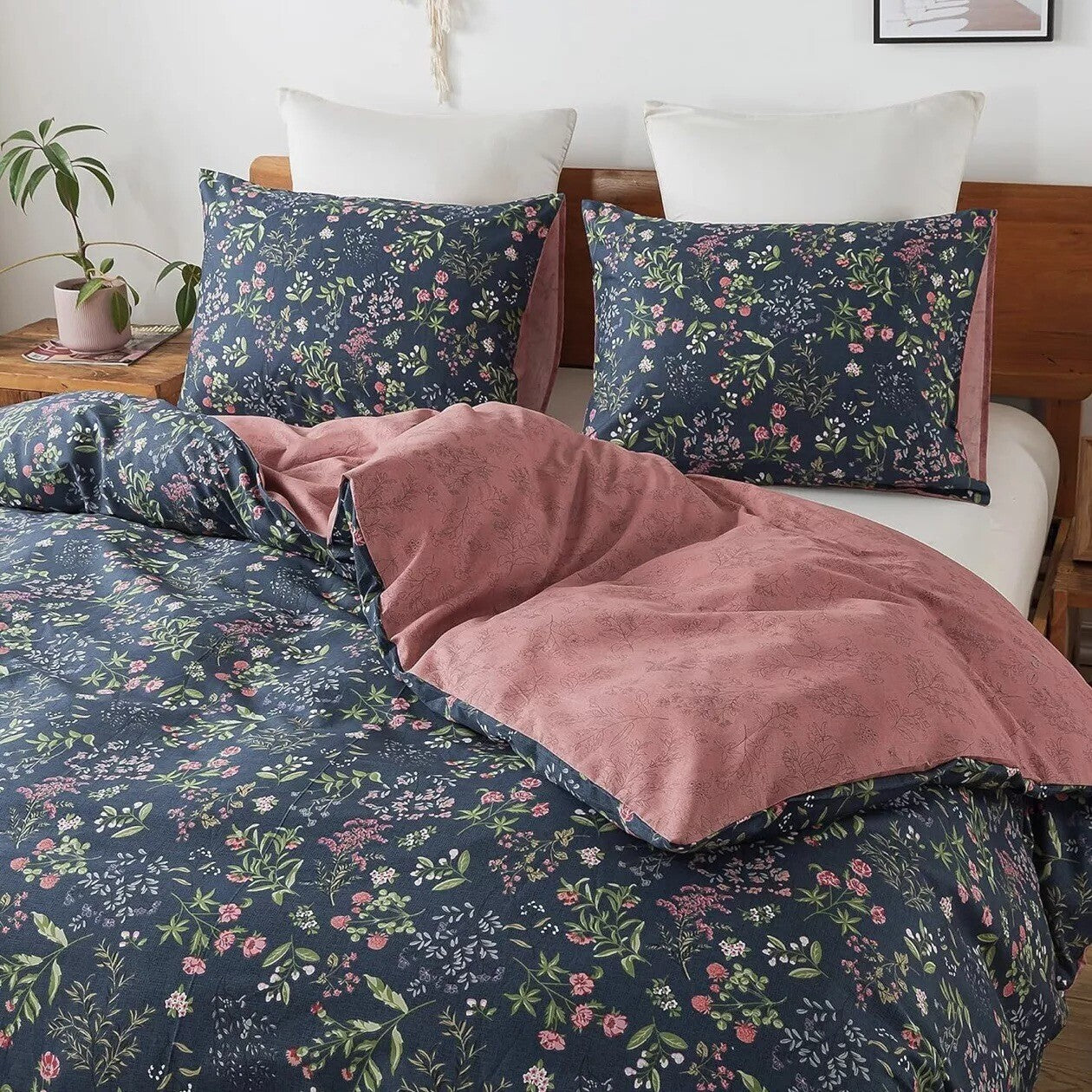 NEW Anthro Blue Floral Cotton Boho Queen / King Size Bedding Duvet & Sham Set