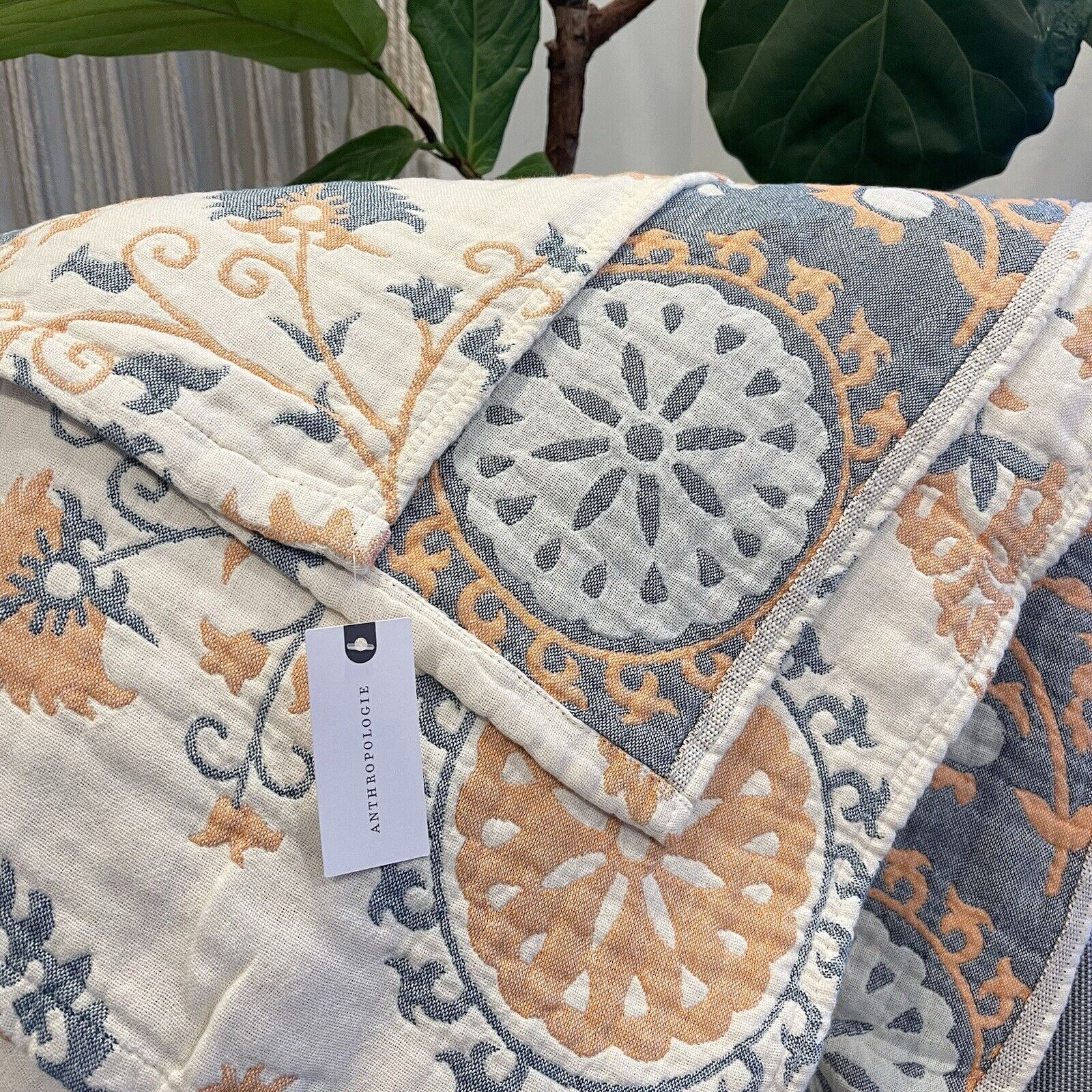 New Anthropologie Boho Reversible Throw Blanket Bedspread Quilt - 80" x 60"