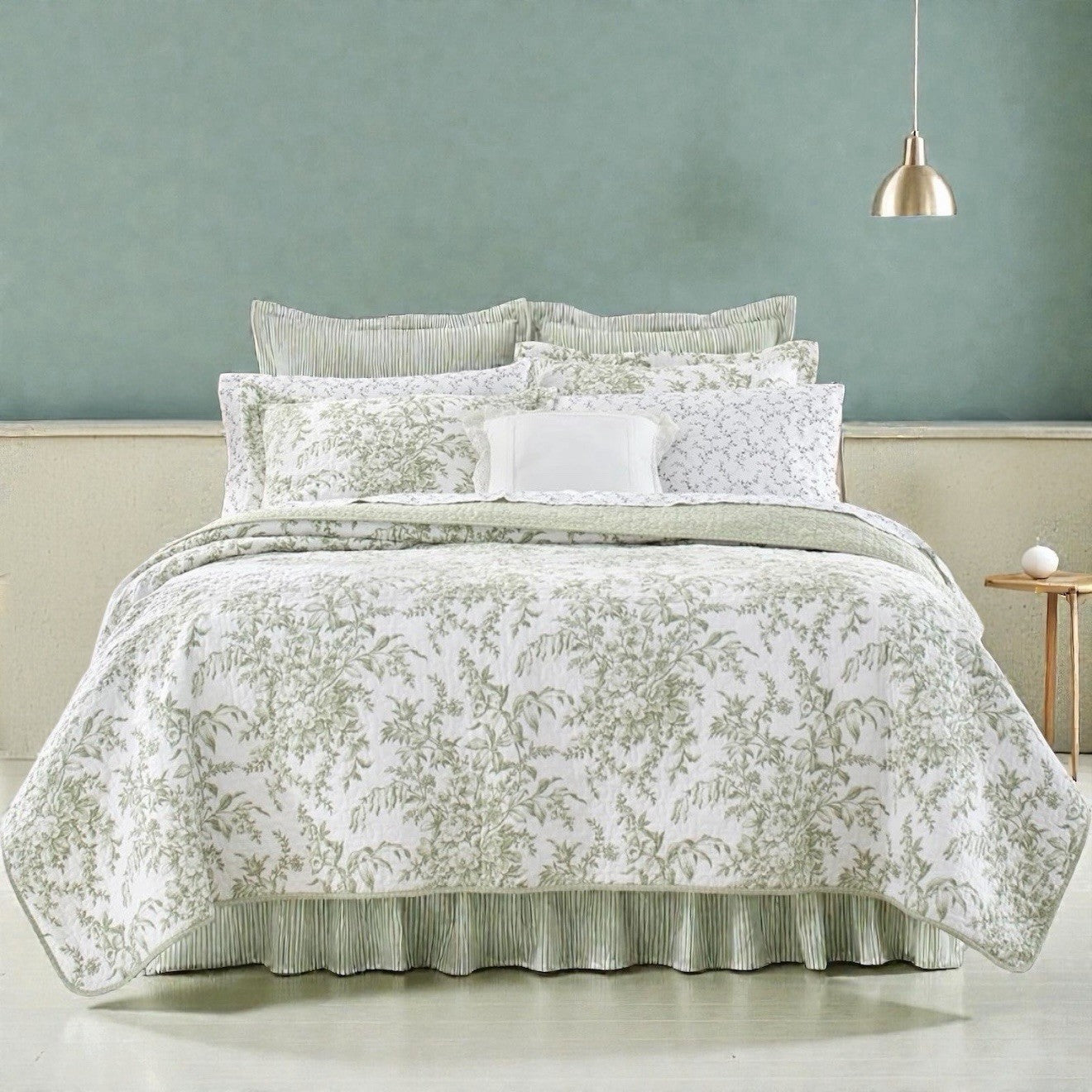NEW West Elm Green White Floral Retro Cotton Queen King Bedding Quilt & Sham Set
