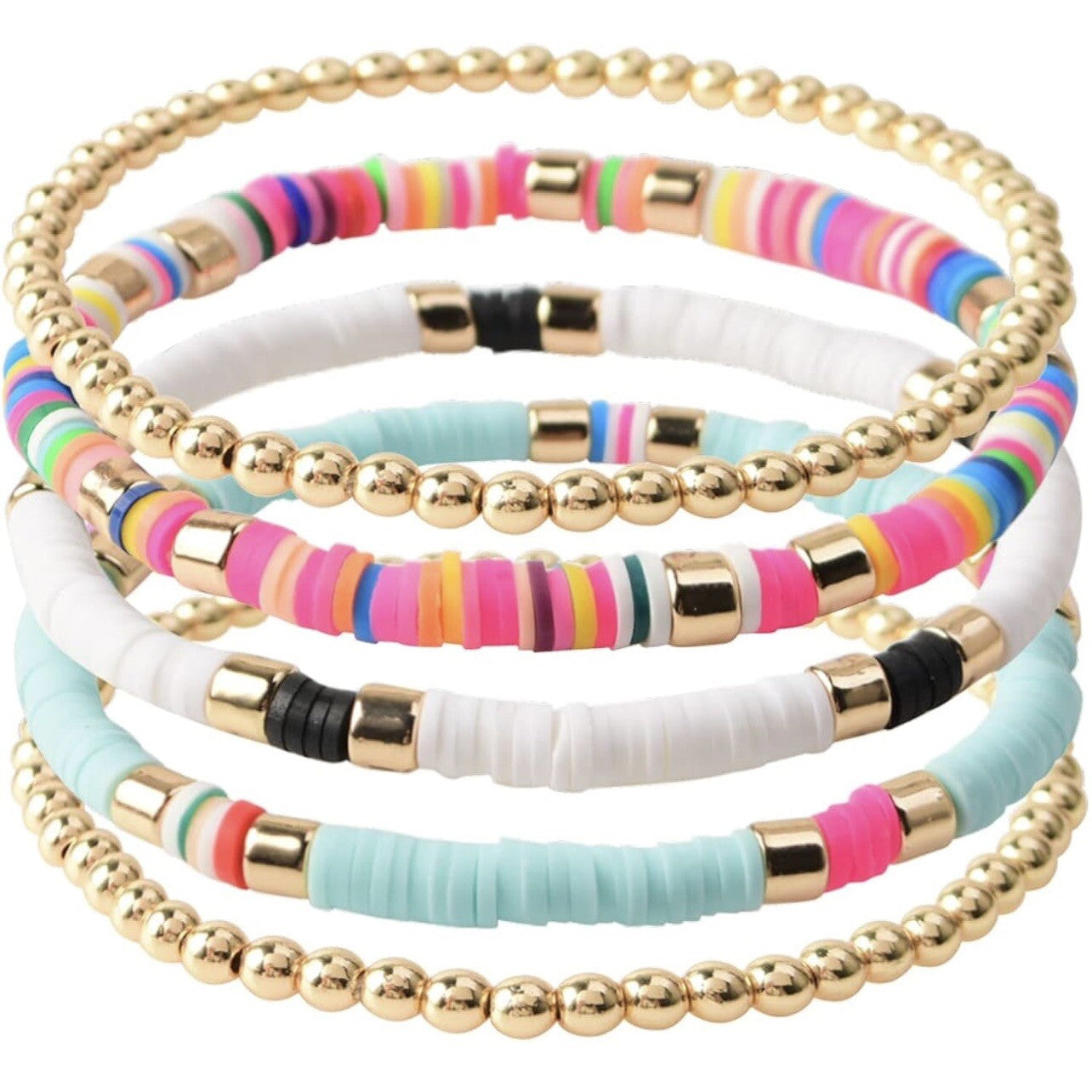 NEW Anthropologie Neon & Gold Beaded Boho Stacking Stretch Bracelets Jewelry Set
