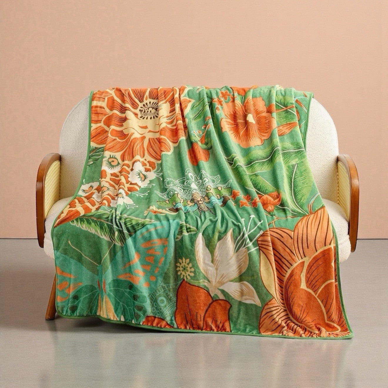 NEW Anthropologie XL Queen Size Boho Green Floral Fleece Blanket Bedspread 90x90