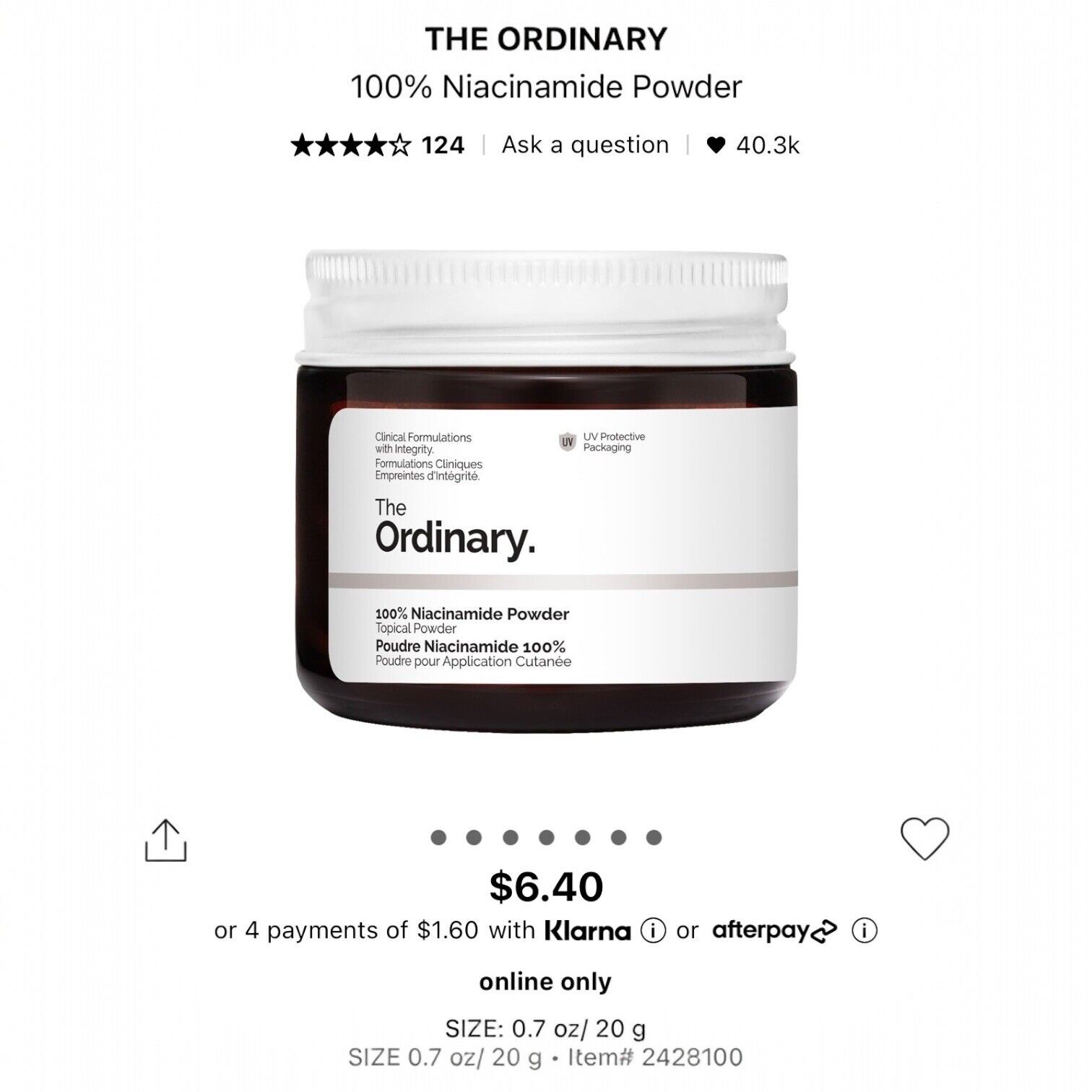 NEW The Ordinary 100% Niacinamide Topical Powder Oily Pores Shine - 0.7 oz 20g