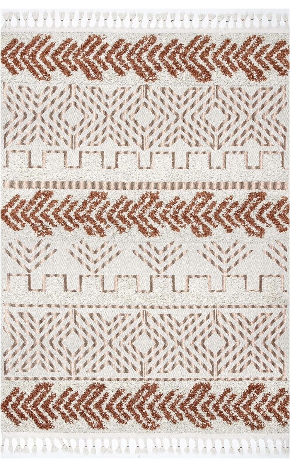 NEW Anthropologie White Red Boho Tassel Geometric Shag Area Rug Carpet - 5' x 7'