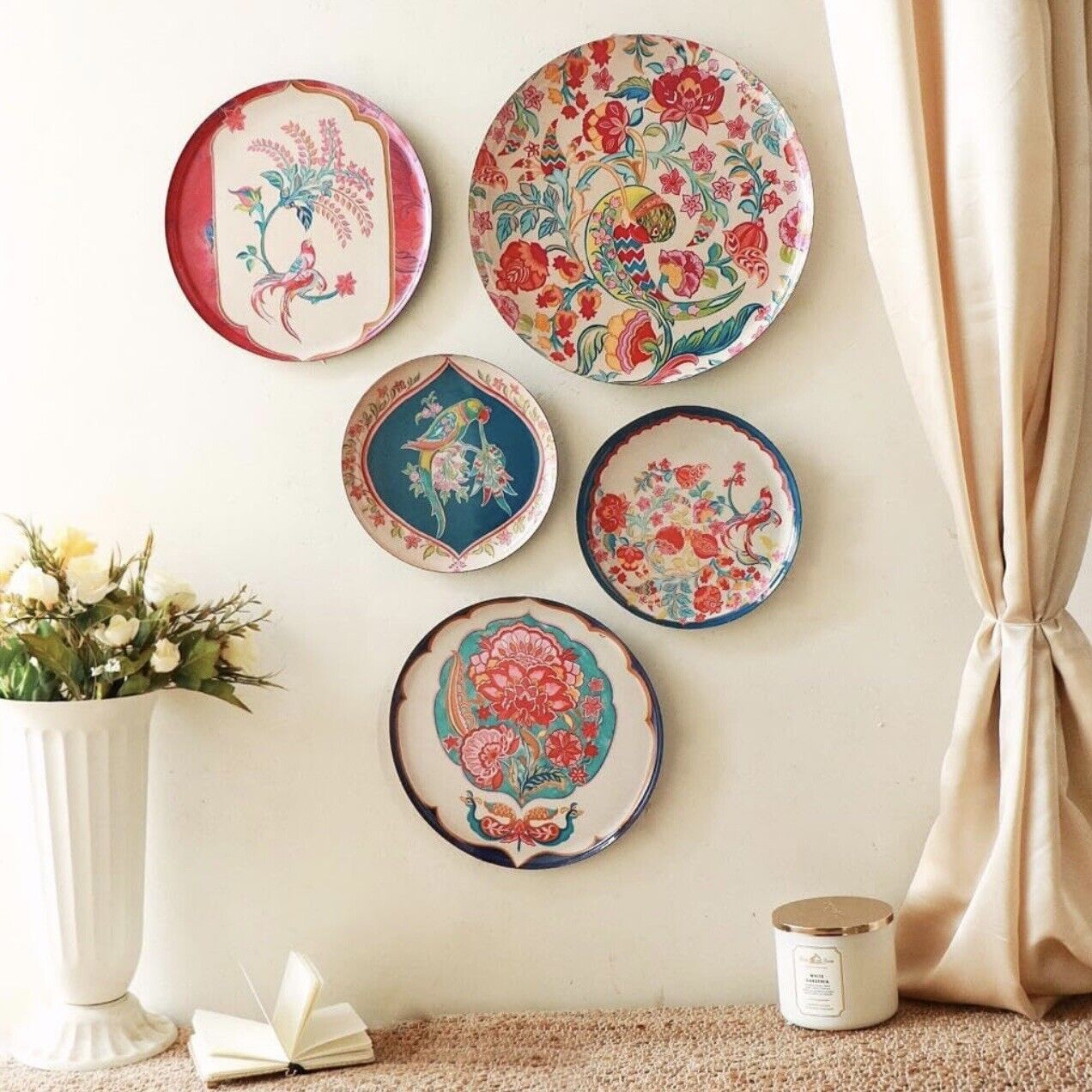 NEW Anthropologie XL Boho Metal Floral Wall Hanging Baskets Plates - Set of 5