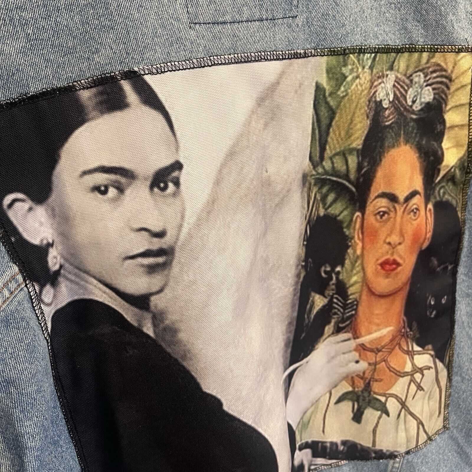 Vintage Mash Painted Frida Kahlo Italian Denim 90s Trucker Jacket - Size Large