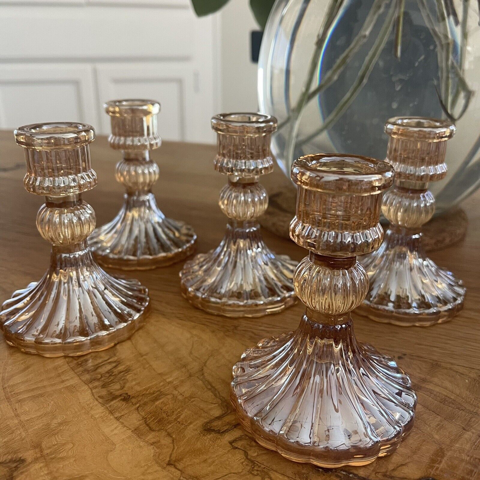 New Anthropologie Set of 6 Pink Boho Cut Glass Retro Candlestick Candle Holders